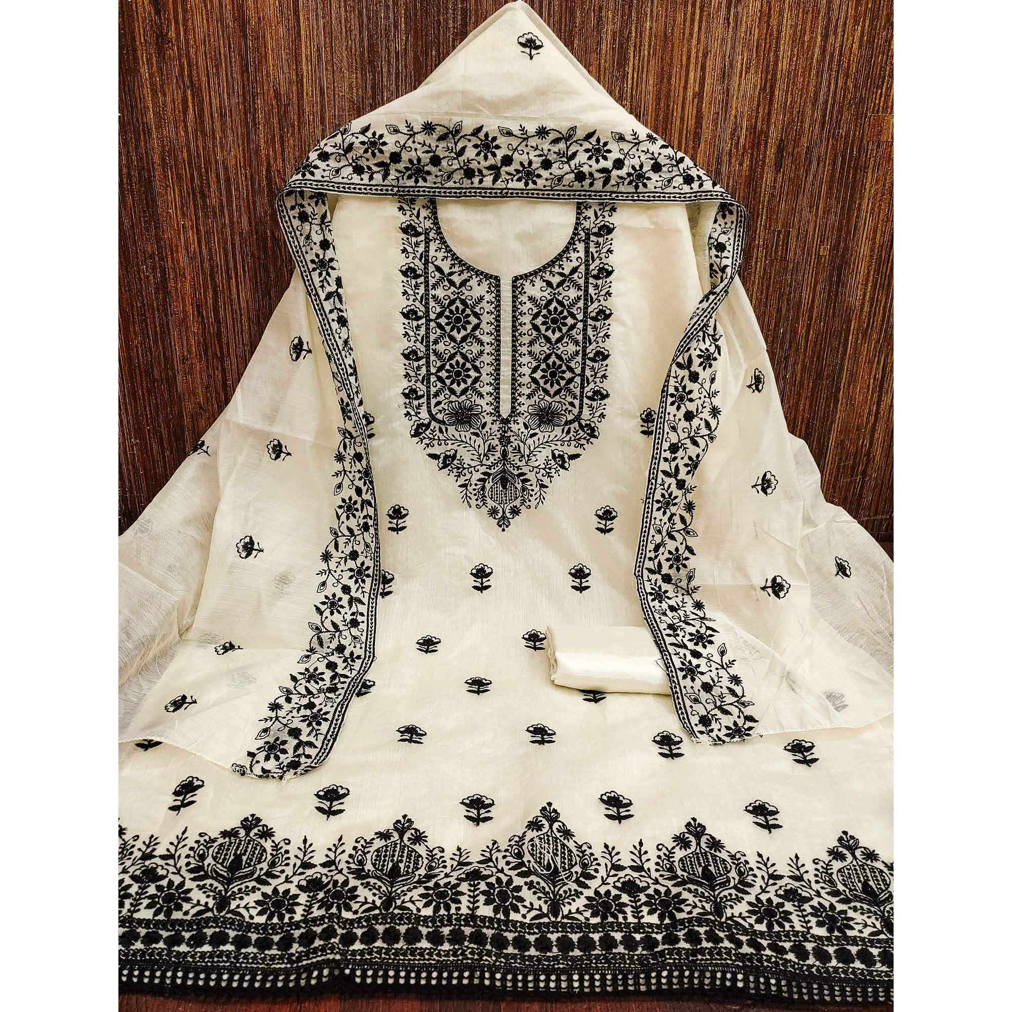 Festive Off White Floral Embroidered Dress Material in Sheer Chanderi Silk