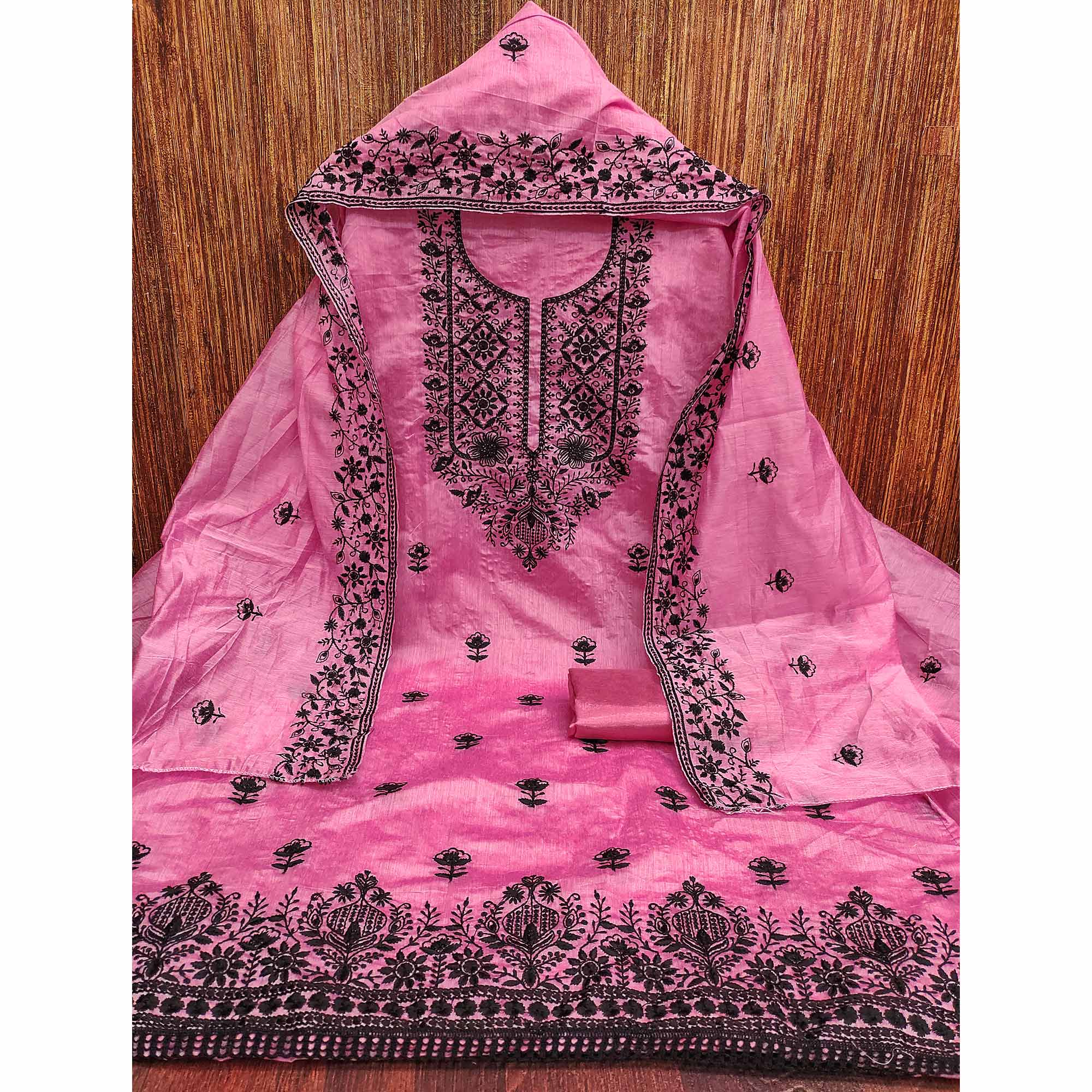 Festive Pink Floral Embroidered Dress Material in Sheer Chanderi Silk