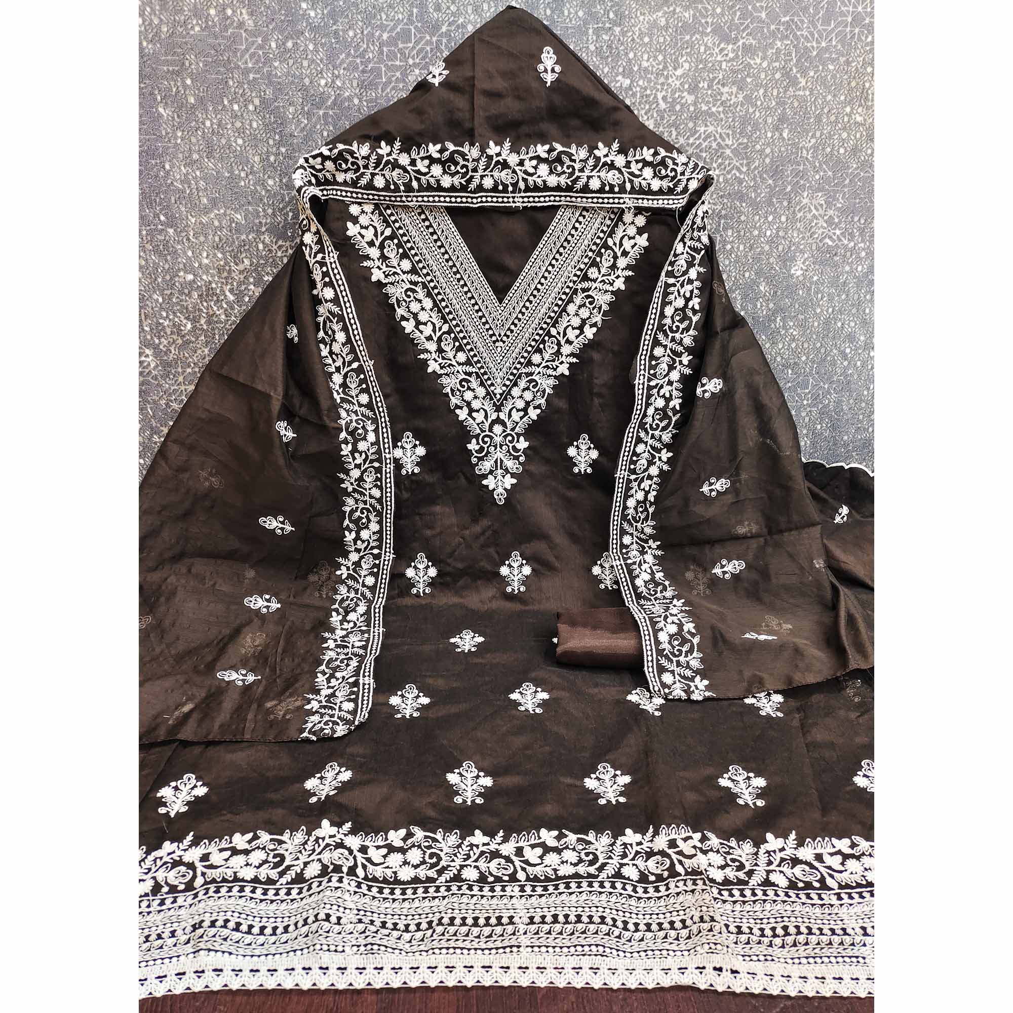 Traditional Brown Chanderi Silk Suit Fabric with Embroidered Floral Patterns