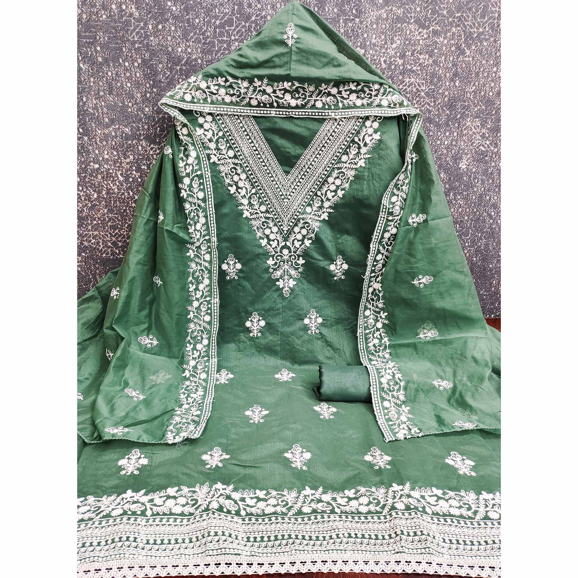 Traditional Green Chanderi Silk Suit Fabric with Embroidered Floral Patterns