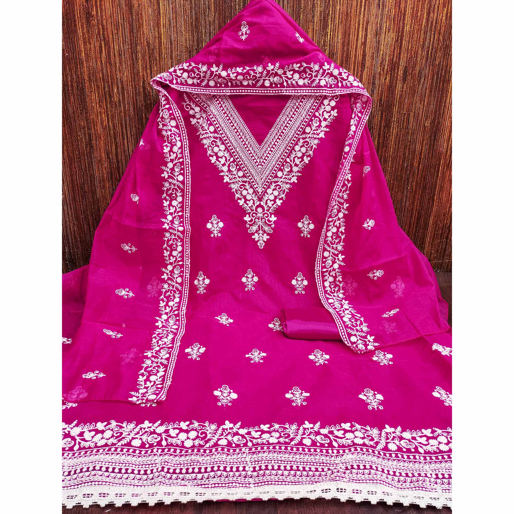 Traditional Rani Pink Chanderi Silk Suit Fabric with Embroidered Floral Patterns