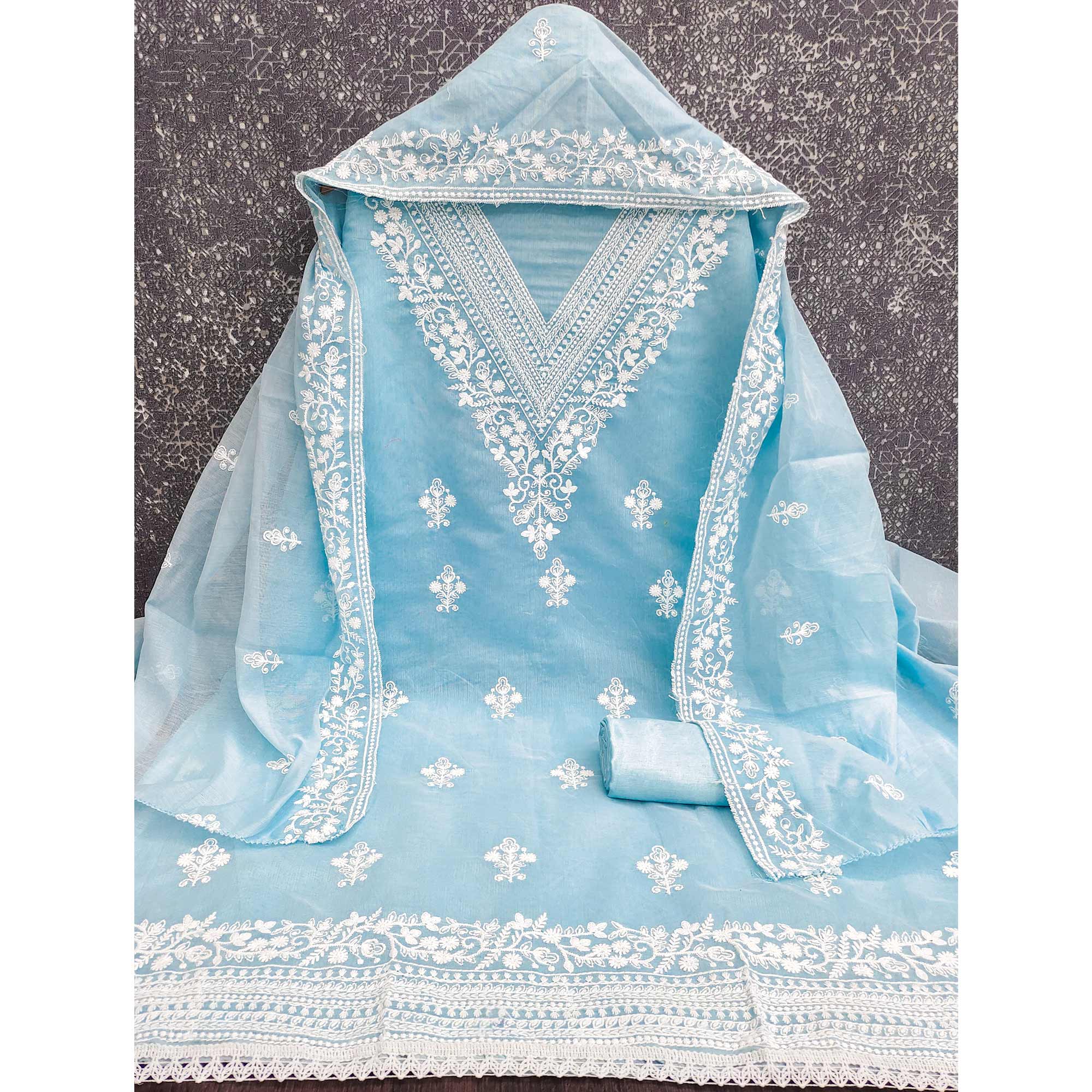 Traditional Sky Blue Chanderi Silk Suit Fabric with Embroidered Floral Patterns