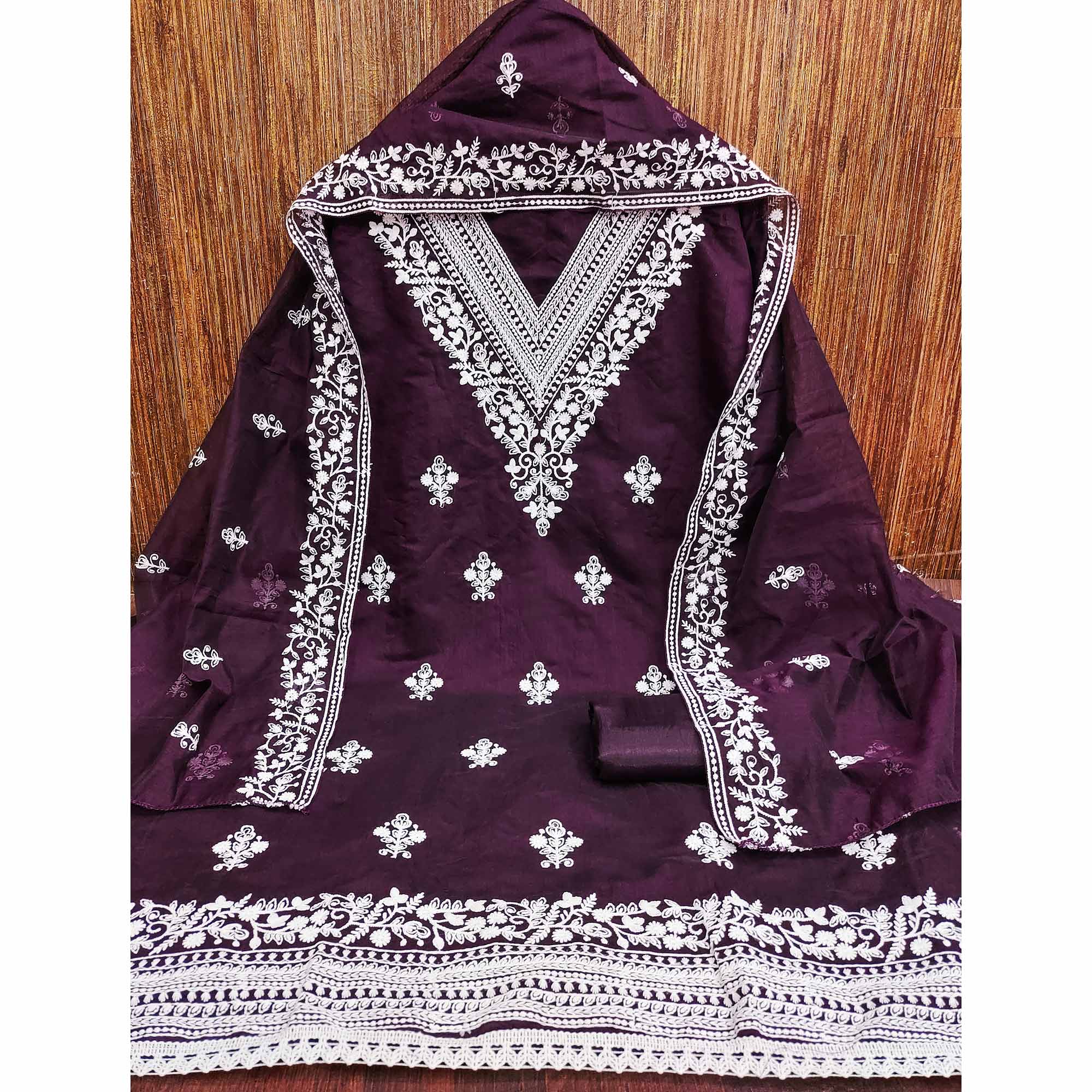 Traditional Wine Chanderi Silk Suit Fabric with Embroidered Floral Patterns