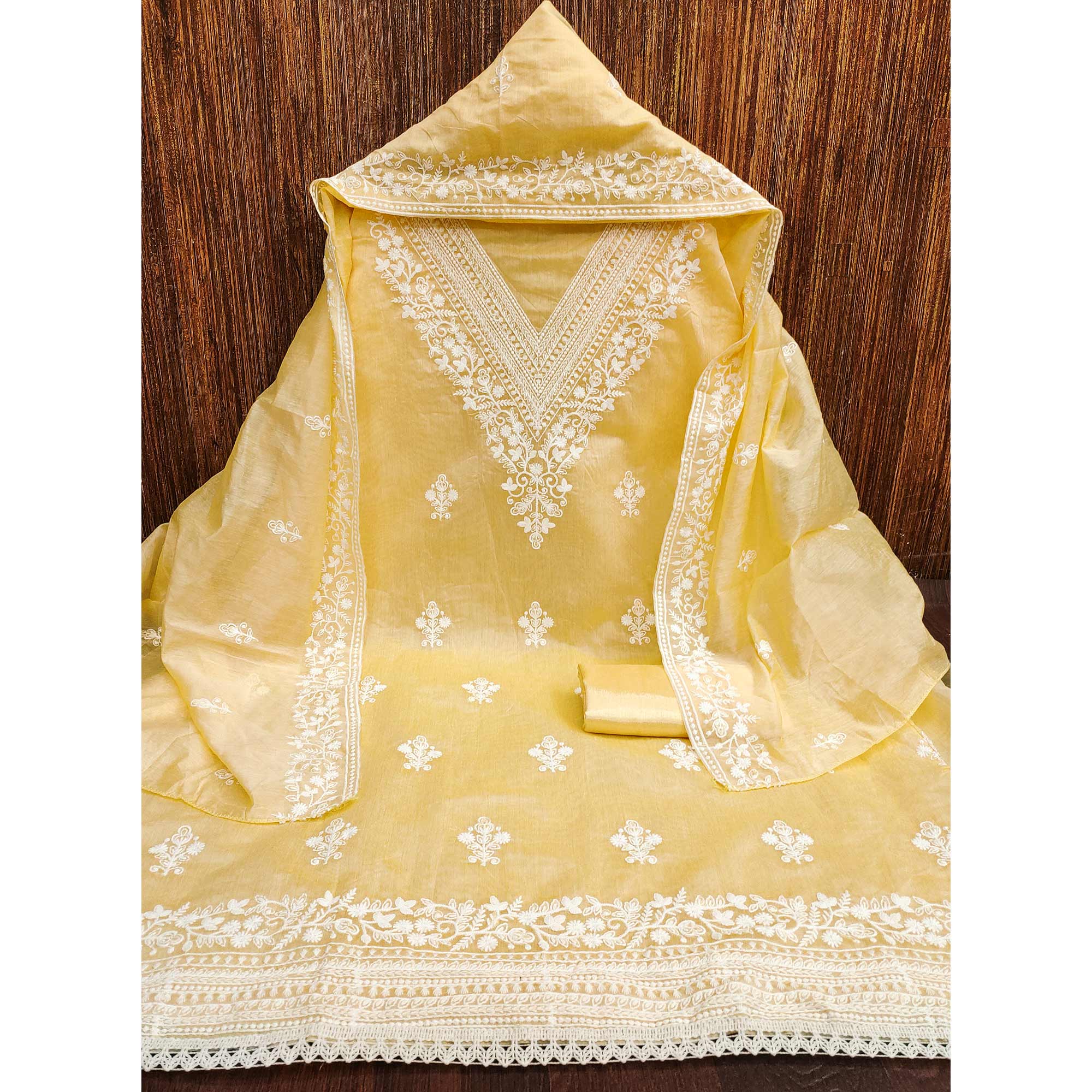 Traditional Yellow Chanderi Silk Suit Fabric with Embroidered Floral Patterns