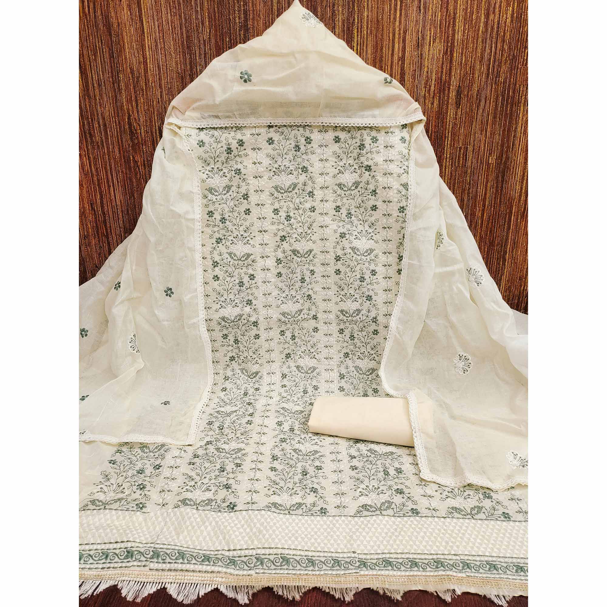 Off White Floral Embroidery Cotton Fabric for Ethnic Wear and Everyday Grace