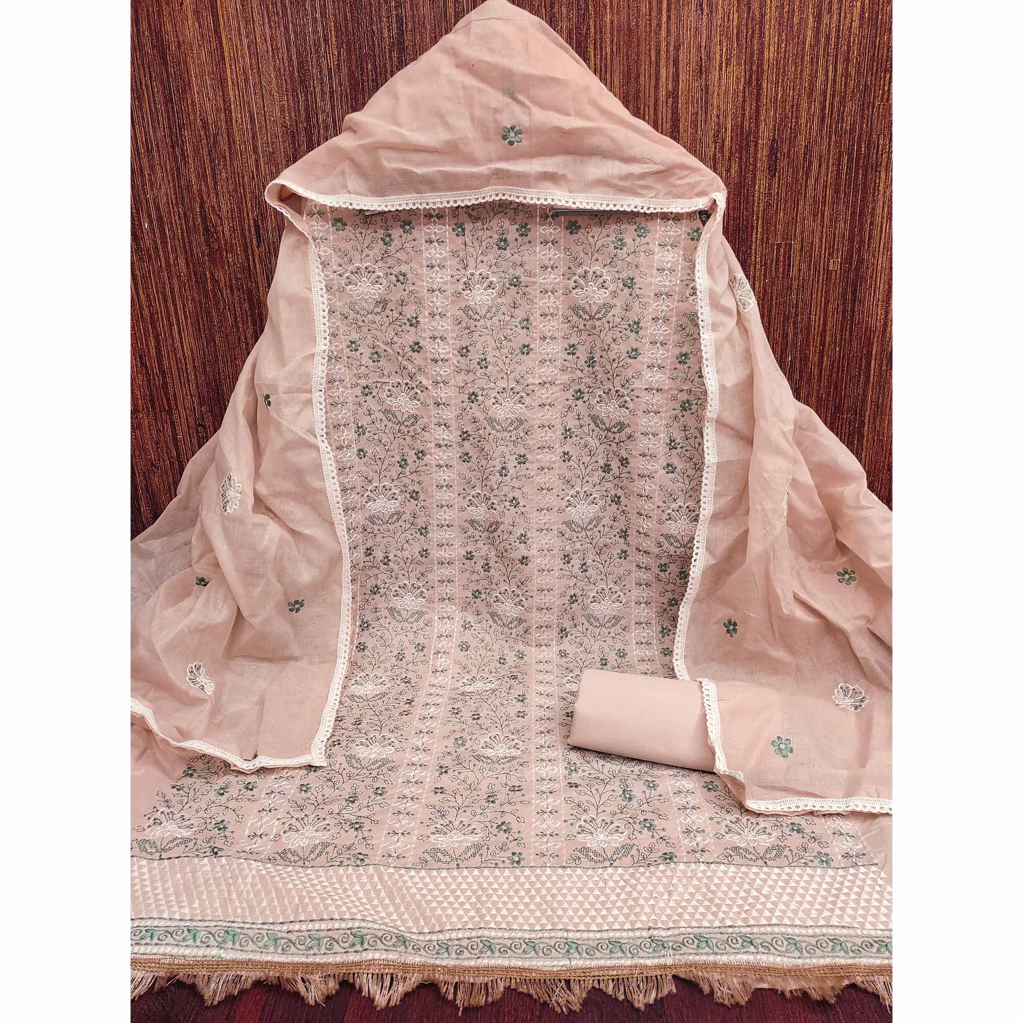 Peach Floral Embroidery Cotton Fabric for Ethnic Wear and Everyday Grace