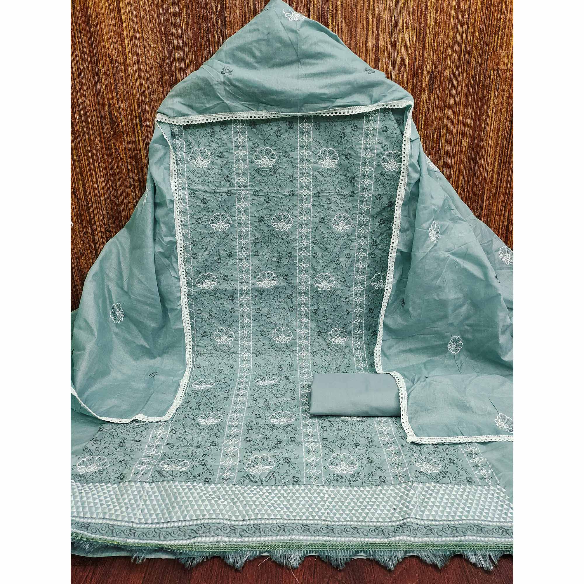 Sea Green Floral Embroidery Cotton Fabric for Ethnic Wear and Everyday Grace