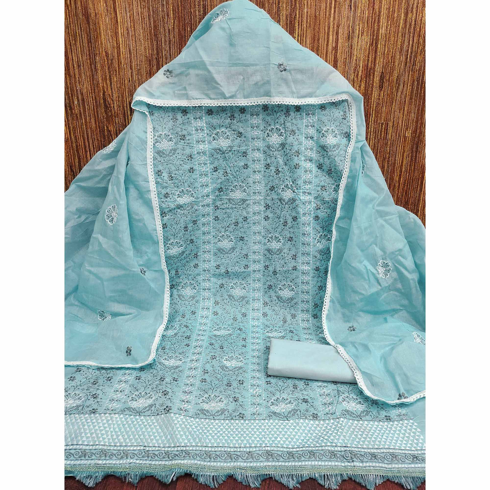 Sky Blue Floral Embroidery Cotton Fabric for Ethnic Wear and Everyday Grace