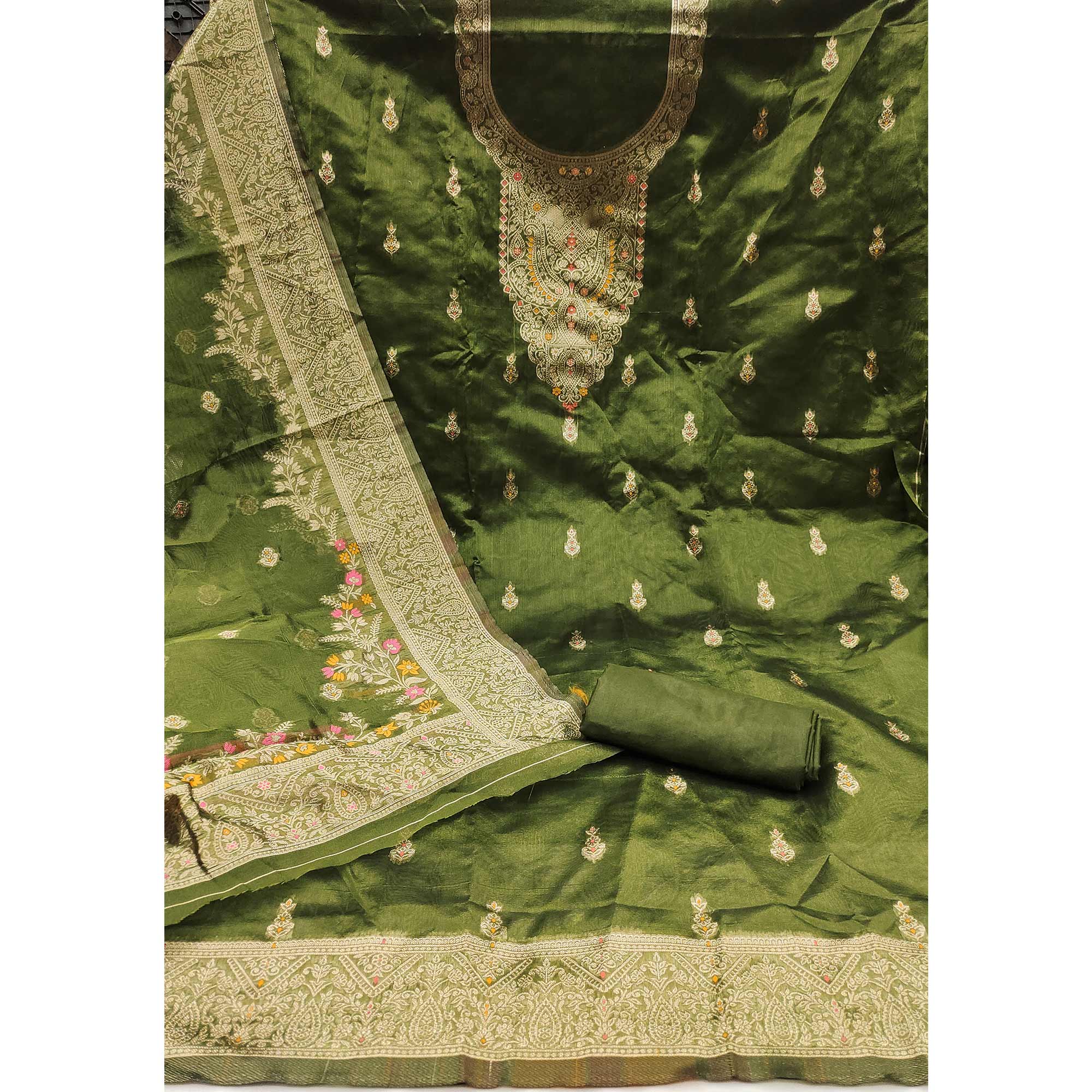 Green Unstitched Dress Material in Sheer Chanderi Silk with Zari Work