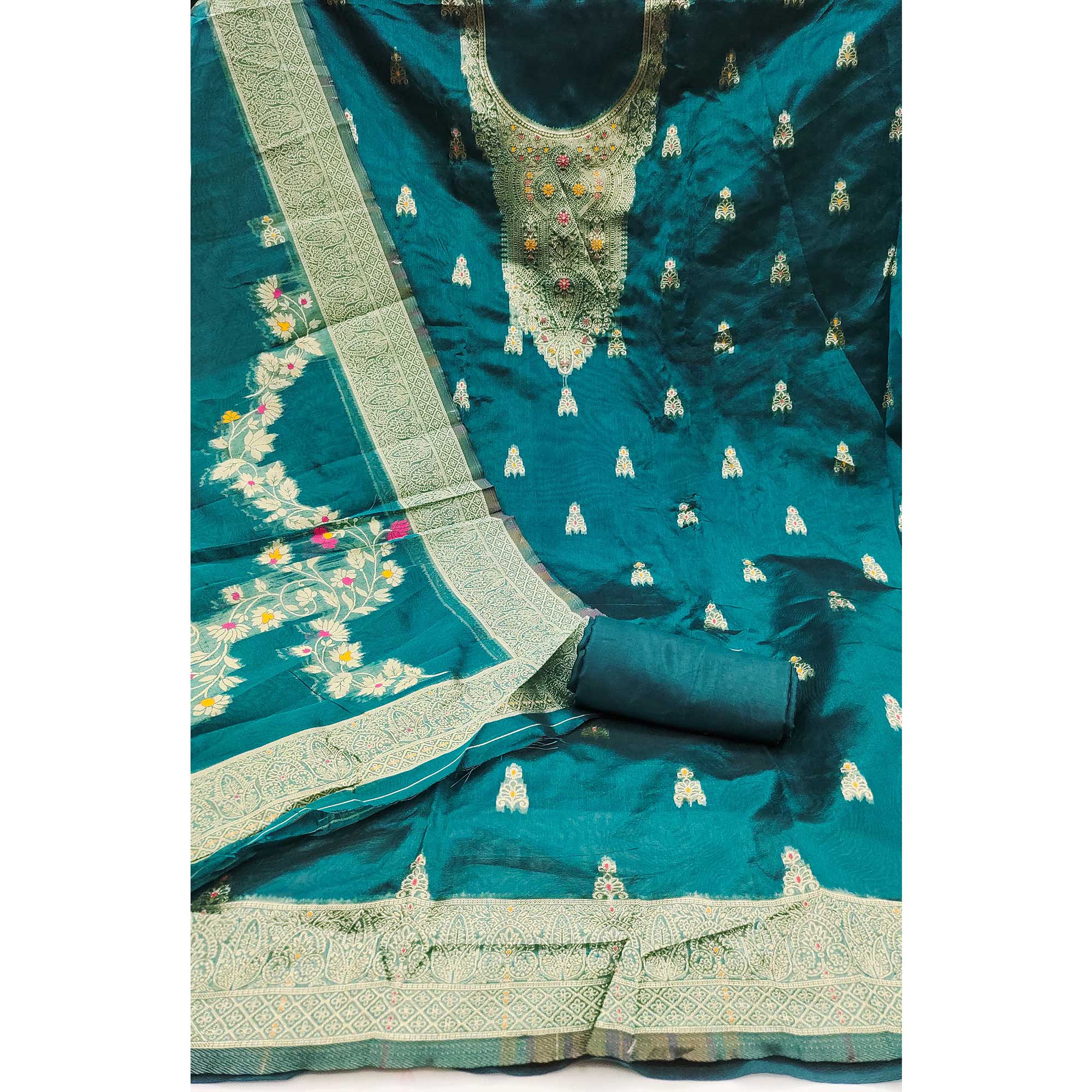 Teal Unstitched Dress Material in Sheer Chanderi Silk with Zari Work