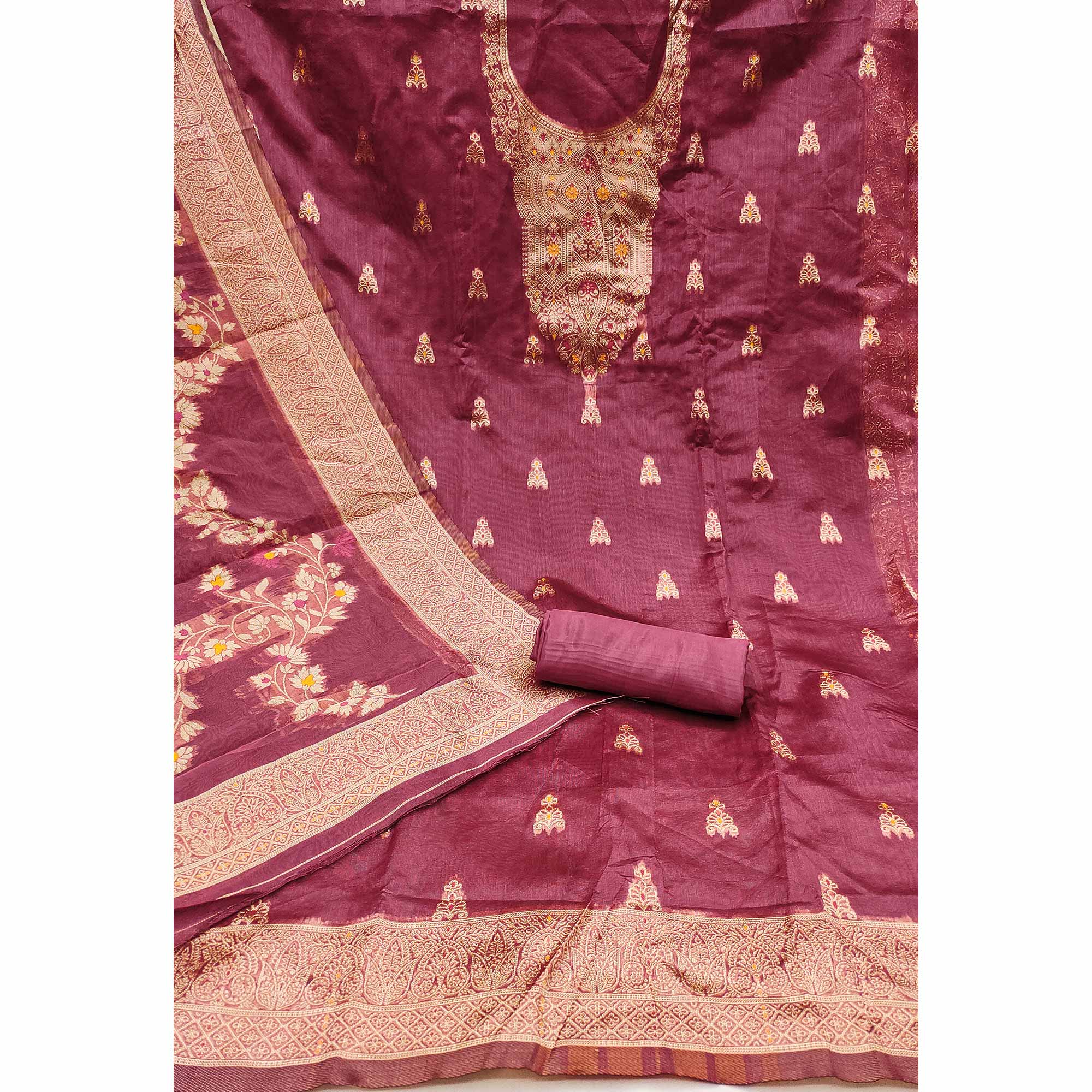 Wine Unstitched Dress Material in Sheer Chanderi Silk with Zari Work