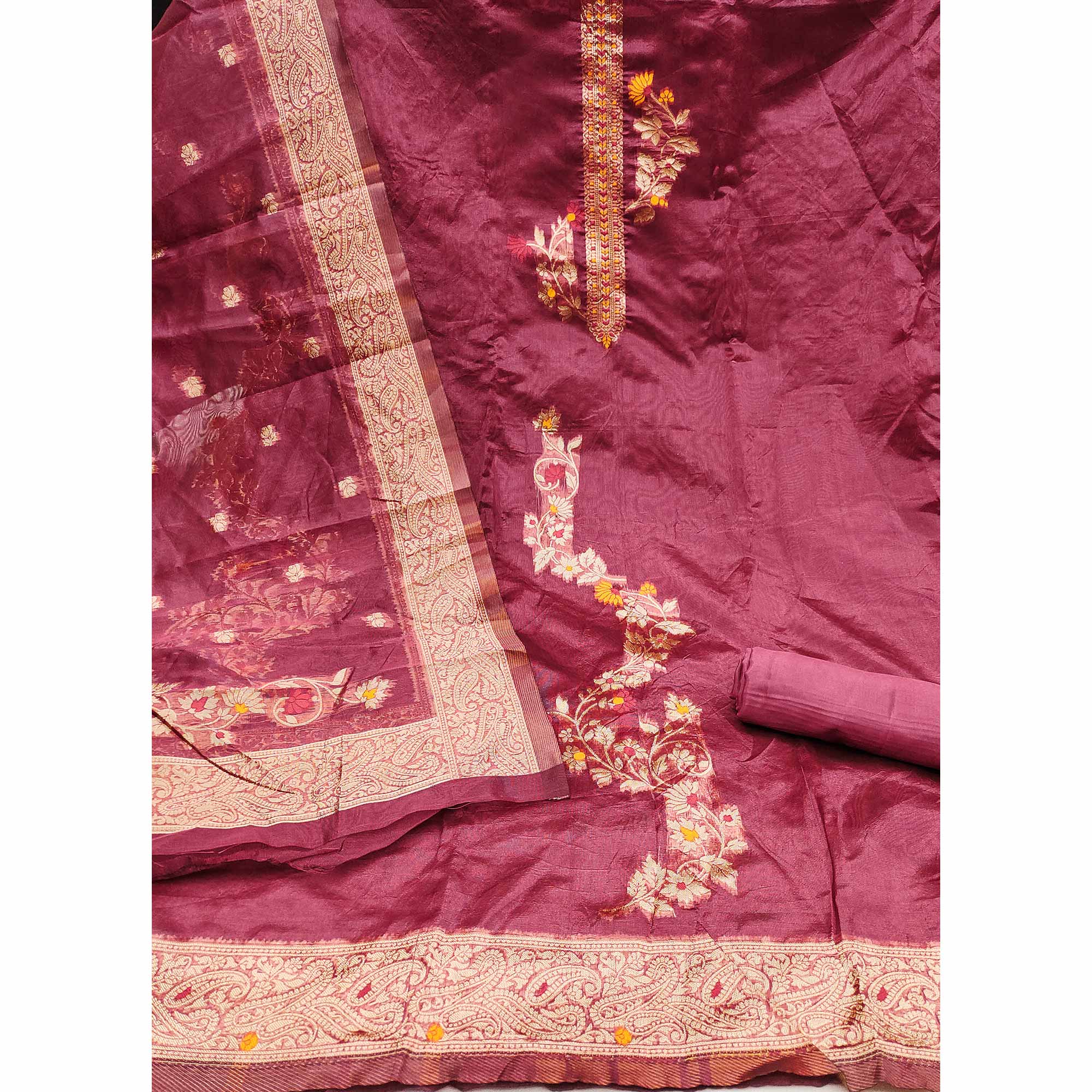 Pink Chanderi Silk Dress Material Adorned With Elegant Floral Zari Weaving