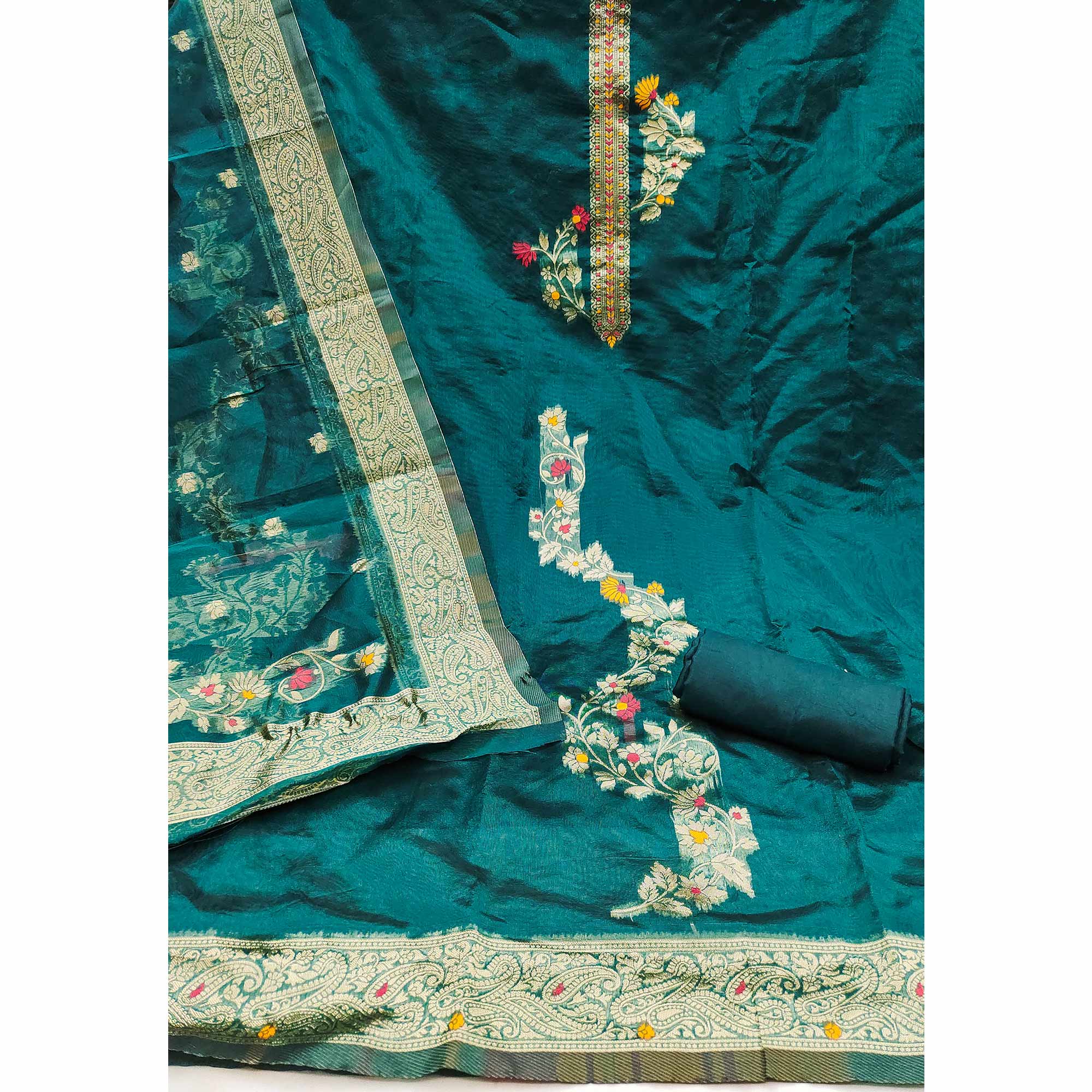 Teal Chanderi Silk Dress Material Adorned With Elegant Floral Zari Weaving