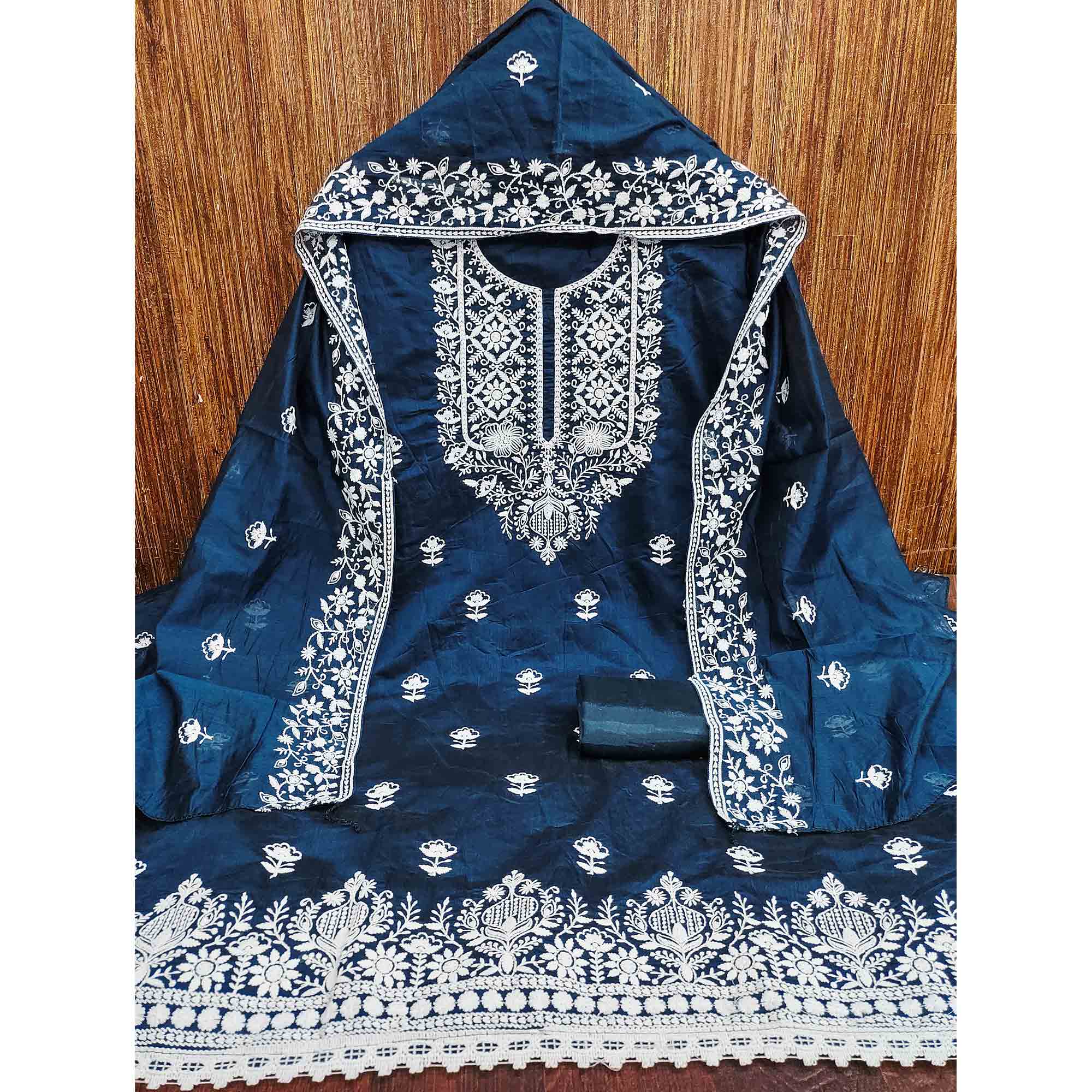 Blue Chanderi Silk Dress Material Enhanced with Delicate Floral Thread Embroidery