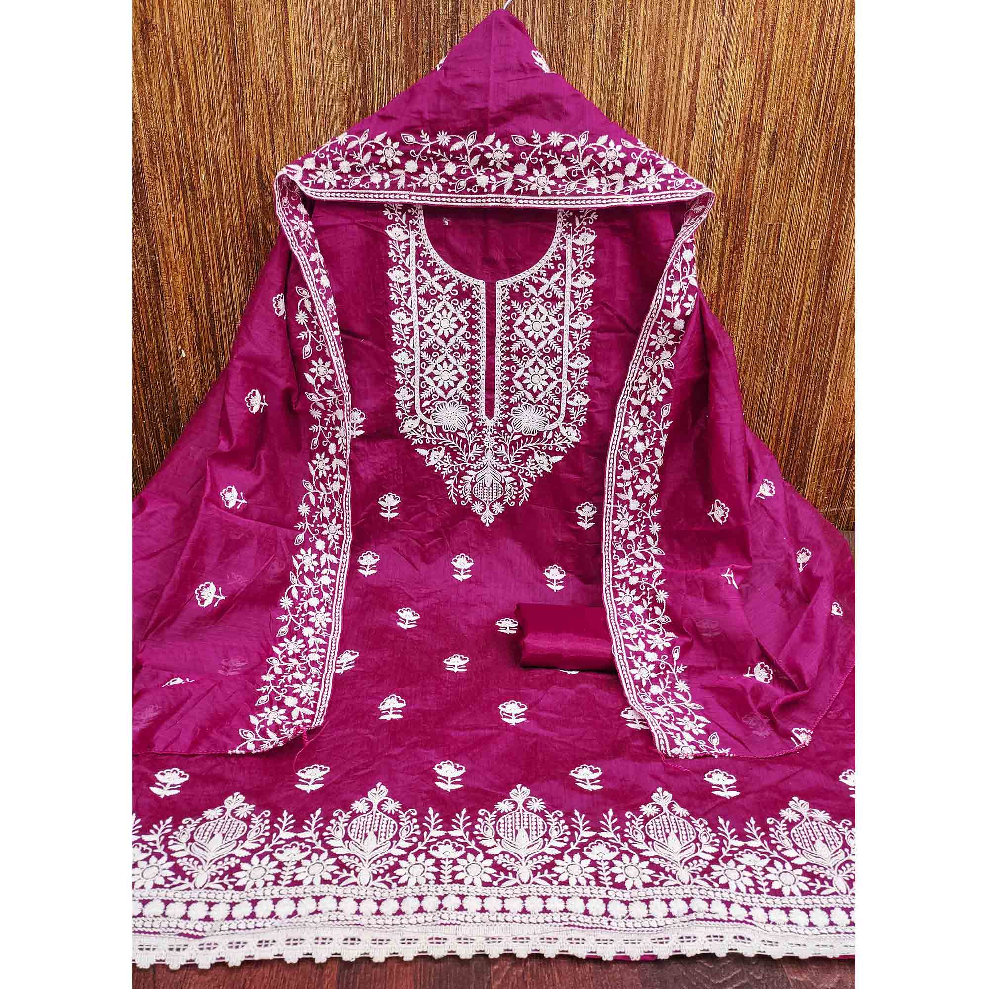 Rani Pink Chanderi Silk Dress Material Enhanced with Delicate Floral Thread Embroidery