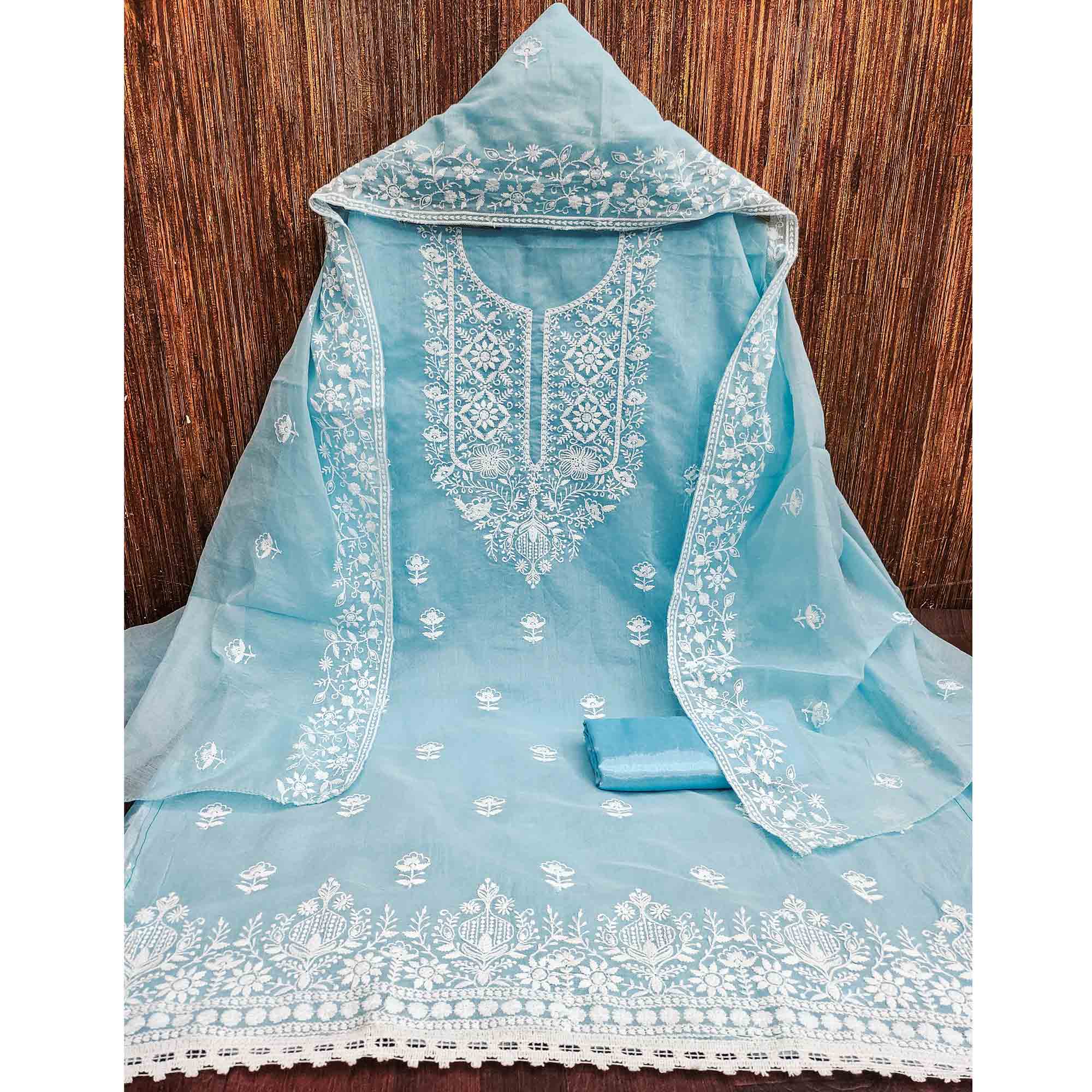 Sky Blue Chanderi Silk Dress Material Enhanced with Delicate Floral Thread Embroidery