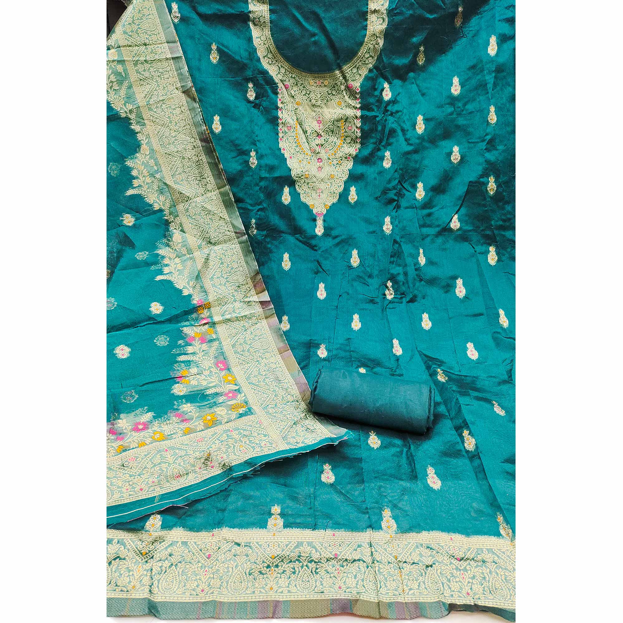 Teal Chanderi Silk Fabric with Intricate Floral Zari Woven Detailing