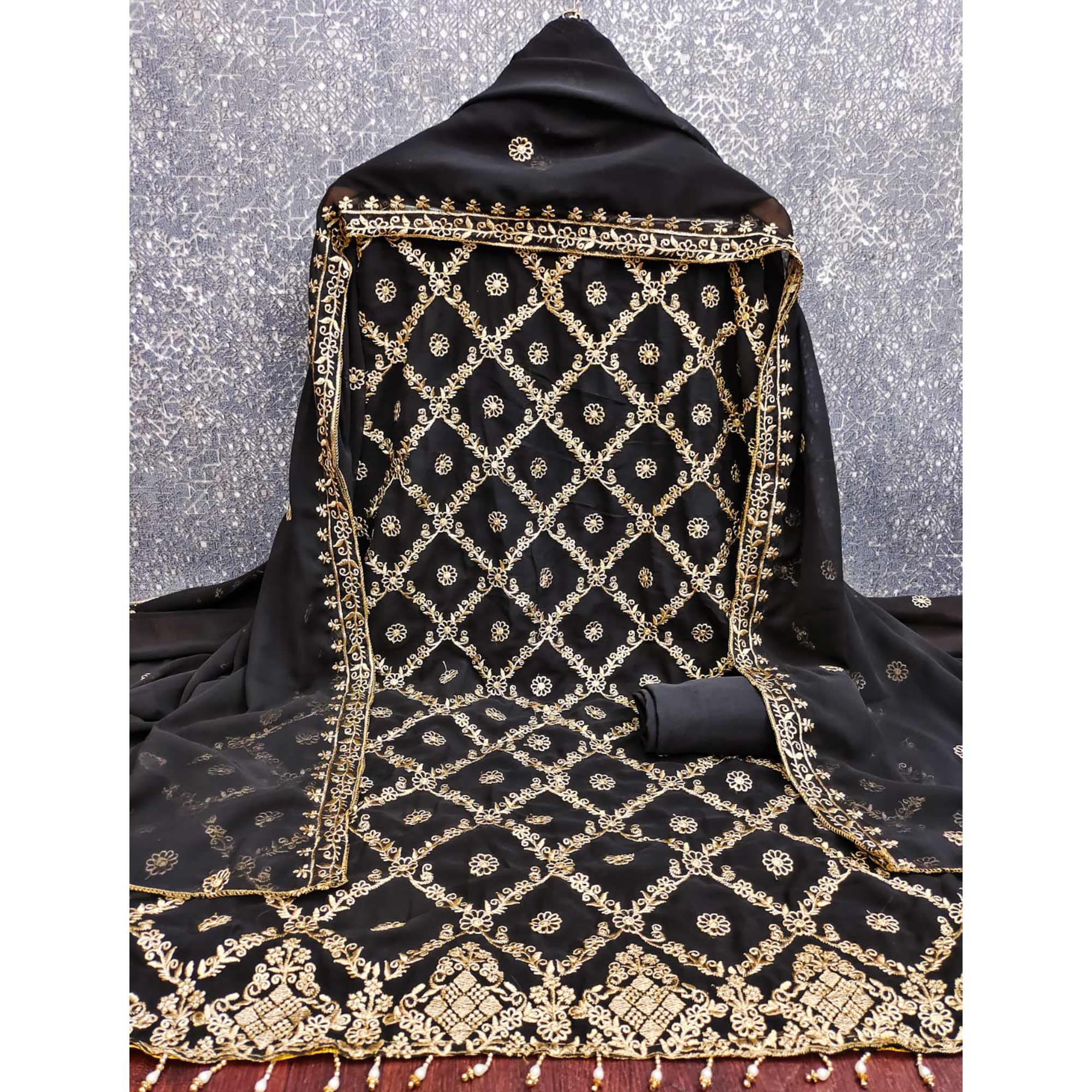 Black Georgette Dress Material Adorned With Floral Zari Embroidery Work