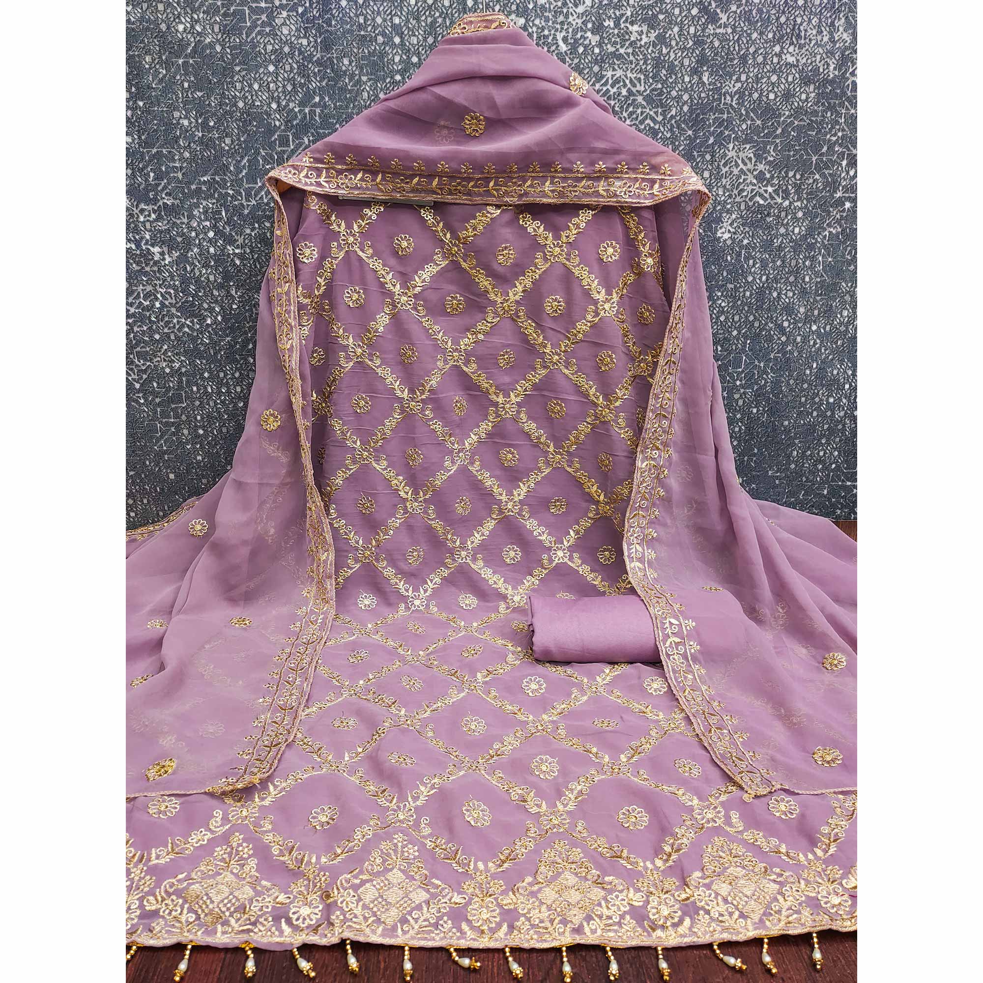 Orchid Purple Georgette Dress Material Adorned With Floral Zari Embroidery Work