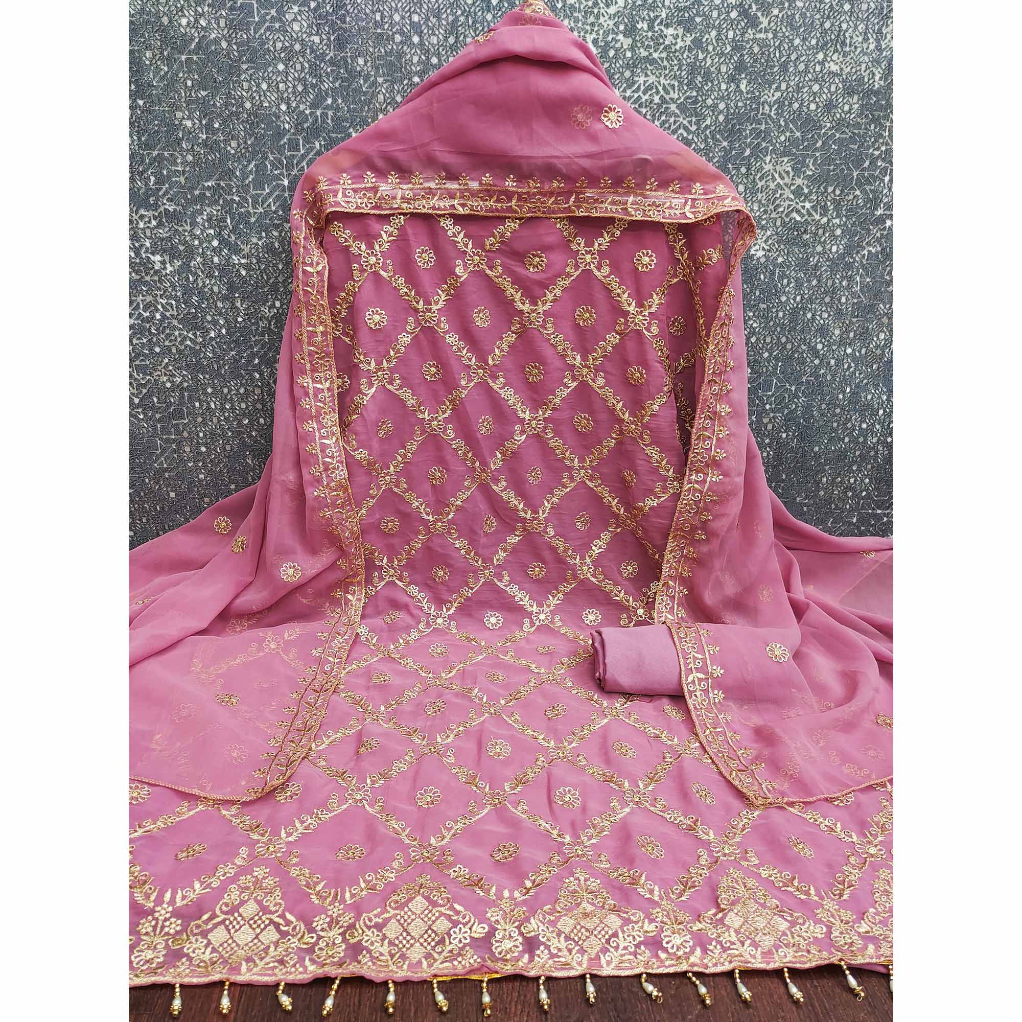 Pink Georgette Dress Material Adorned With Floral Zari Embroidery Work