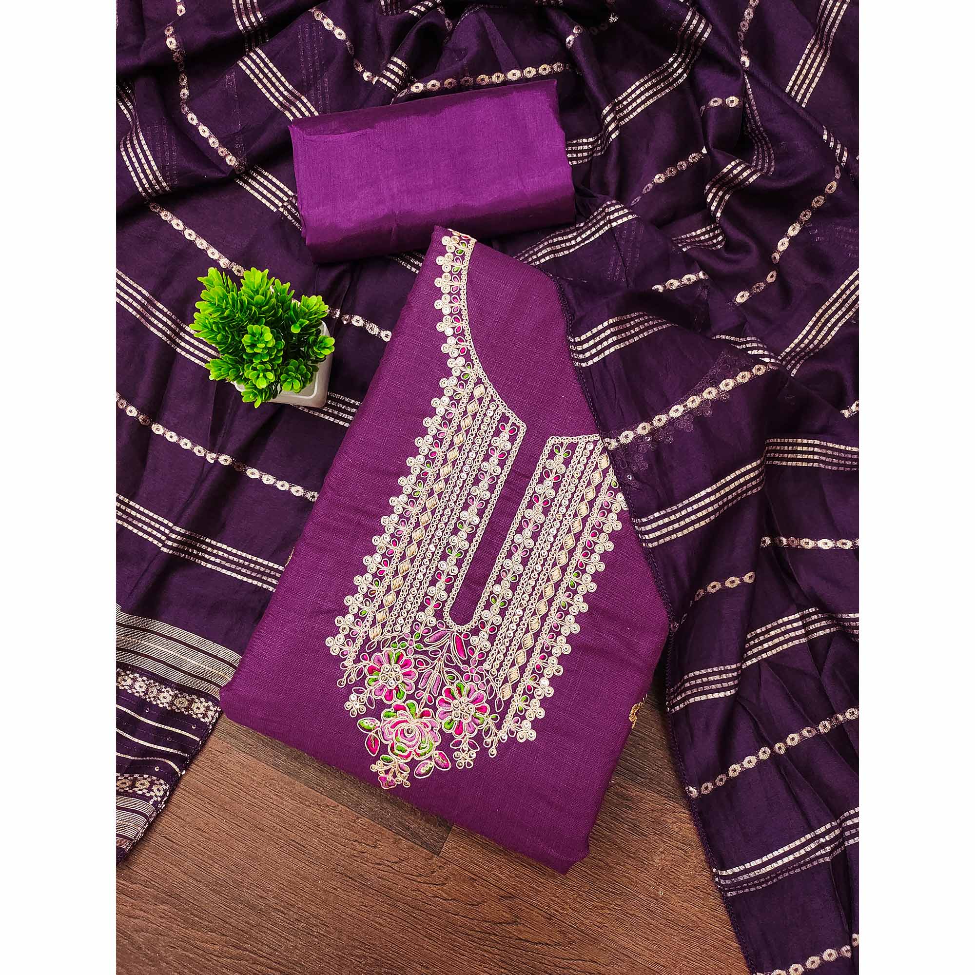Dark Magenta Cotton Blend Dress Material Adorned With Floral Cording Embroidery & Sequins work