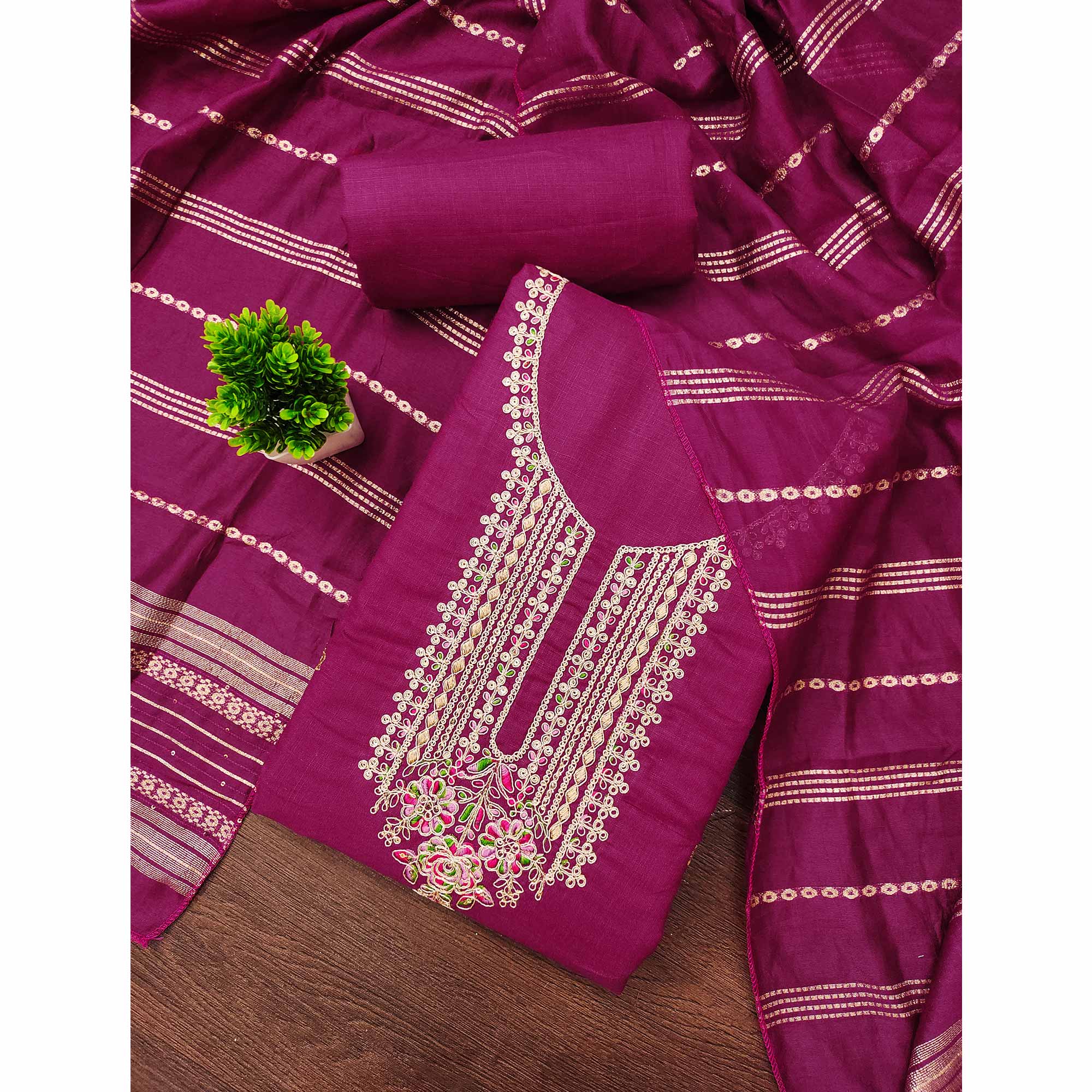 Dark Rani Pink Cotton Blend Dress Material Adorned With Floral Cording Embroidery & Sequins work