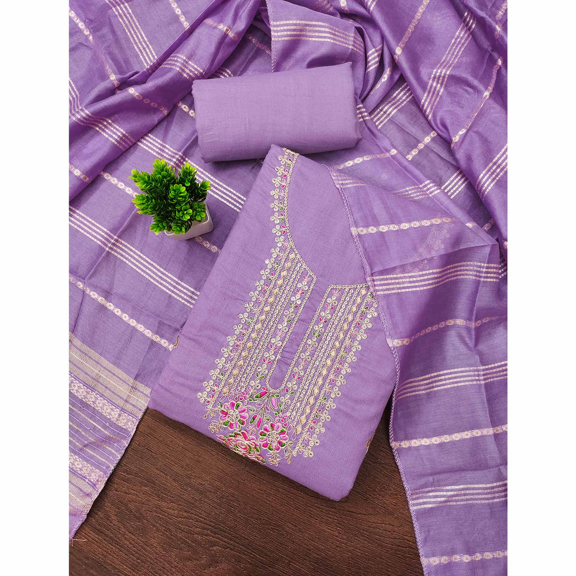 Lavender Cotton Blend Dress Material Adorned With Floral Cording Embroidery & Sequins work