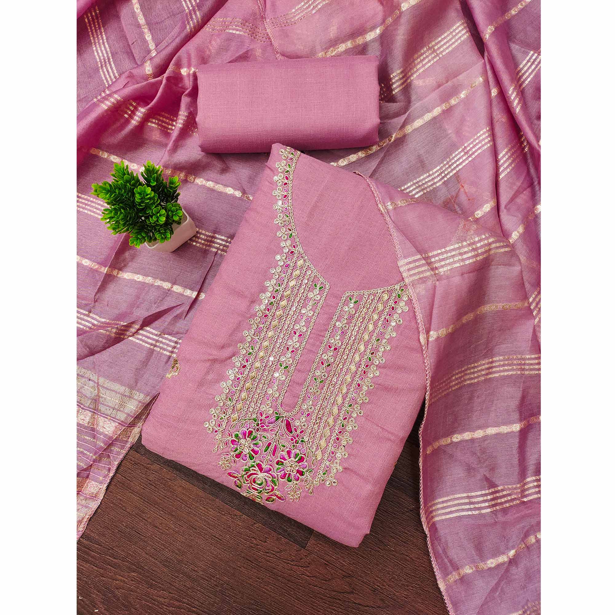 Pink Cotton Blend Dress Material Adorned With Floral Cording Embroidery & Sequins work