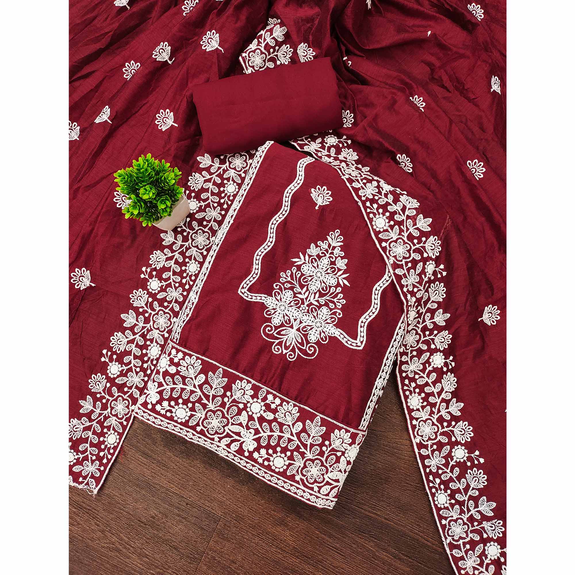 Maroon Chanderi Silk Dress Material With Exquisite Floral Thread Embroidery