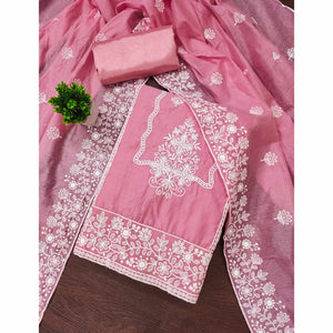 Pink Chanderi Silk Dress Material With Exquisite Floral Thread Embroidery