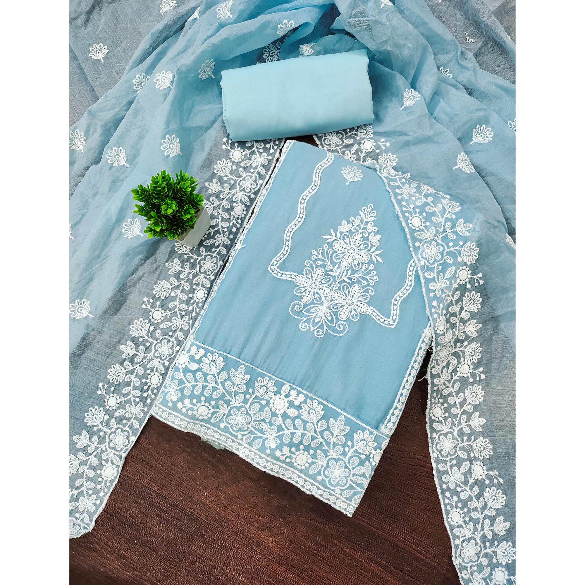 Sky Blue Chanderi Silk Dress Material With Exquisite Floral Thread Embroidery