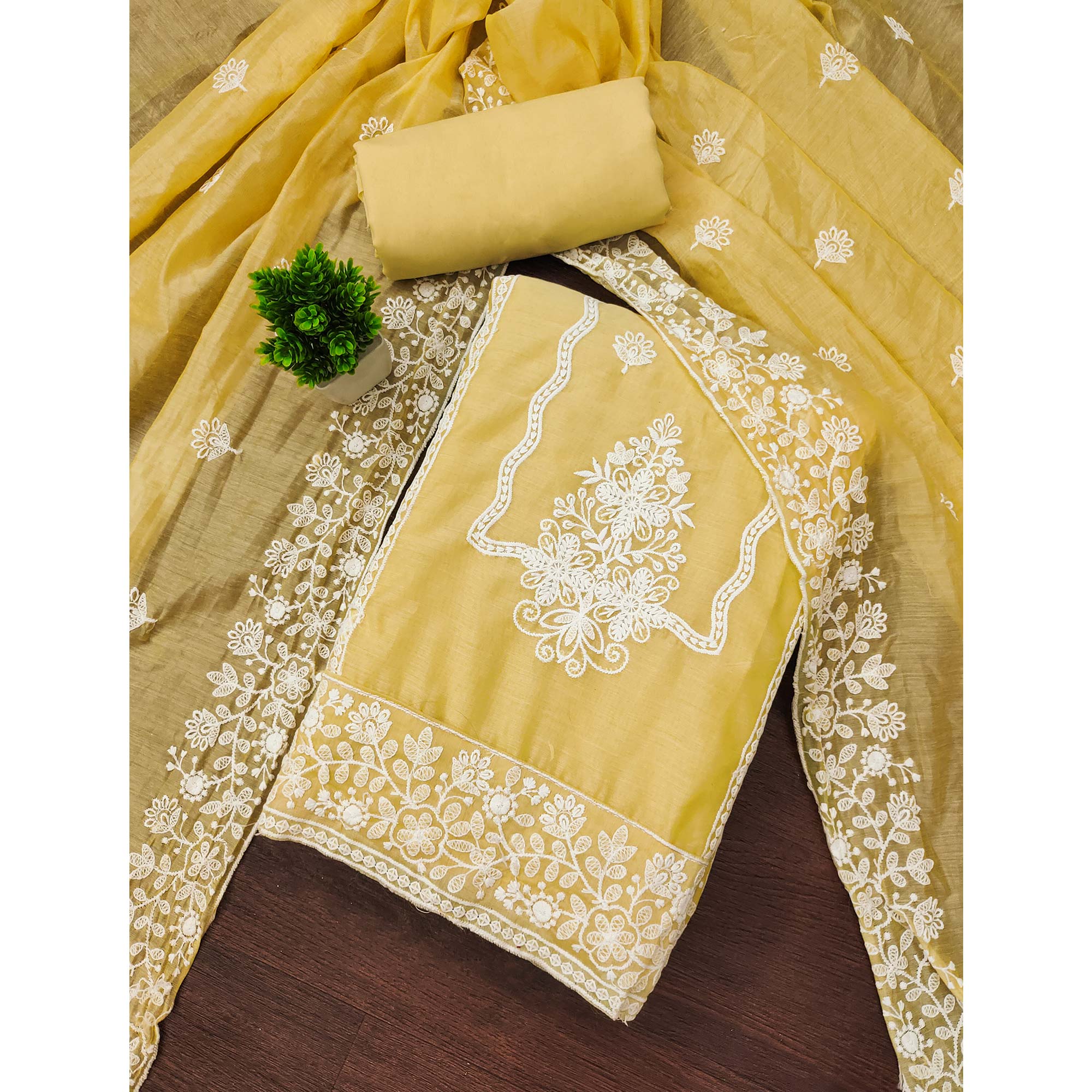 Yellow Chanderi Silk Dress Material With Exquisite Floral Thread Embroidery