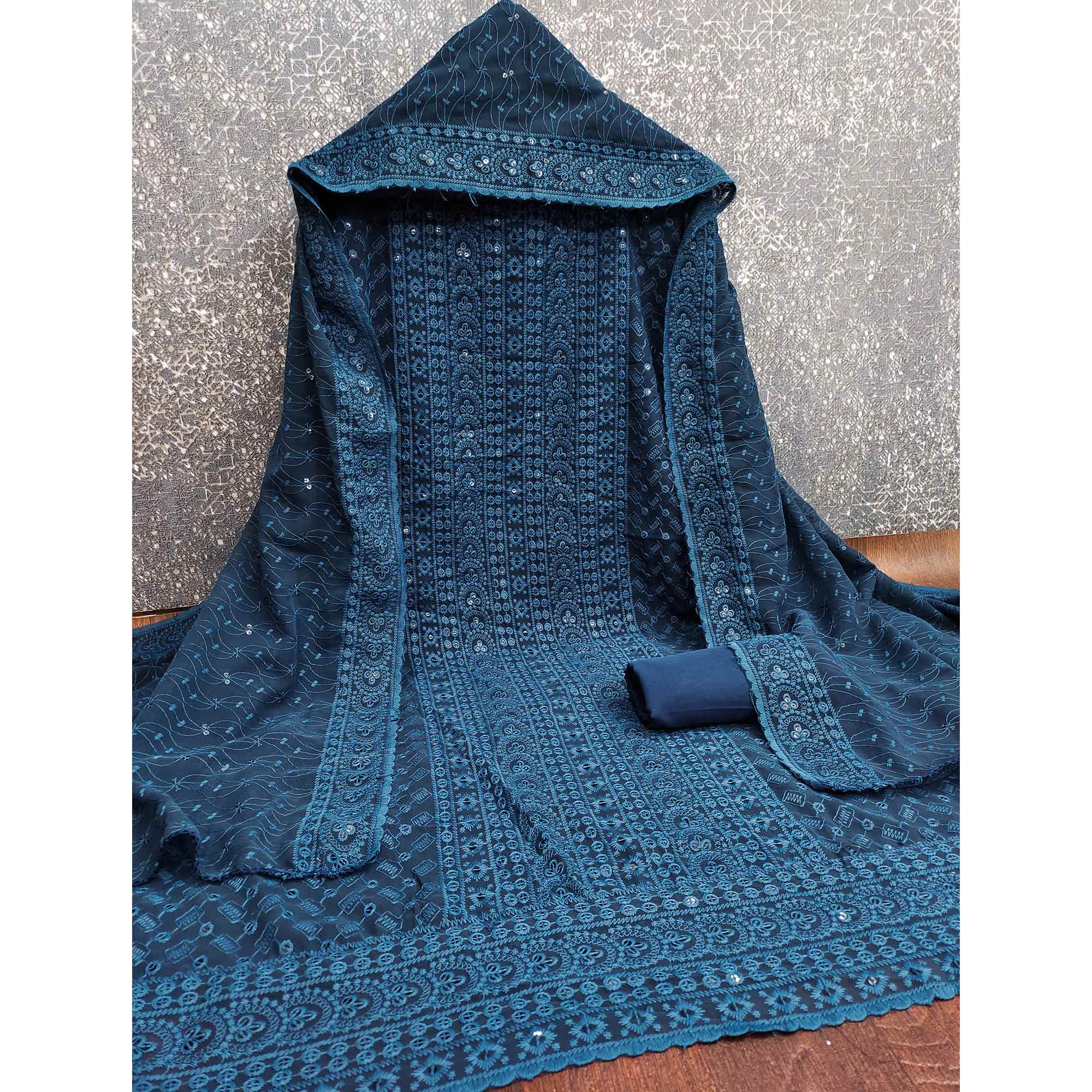 Blue Georgette Dress Material With Intricate Floral Thread & Sparkling Sequins Work