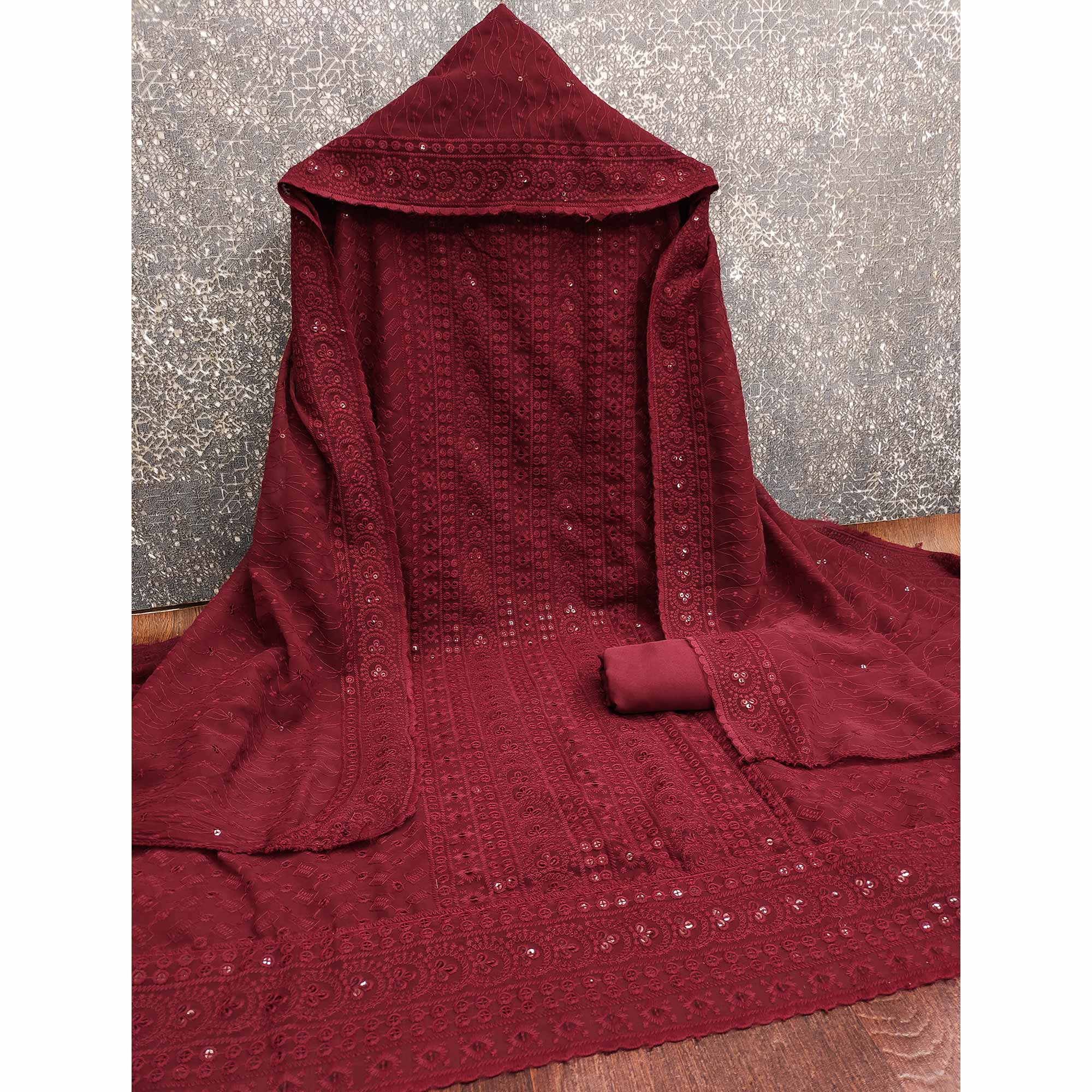Maroon Georgette Dress Material With Intricate Floral Thread & Sparkling Sequins Work