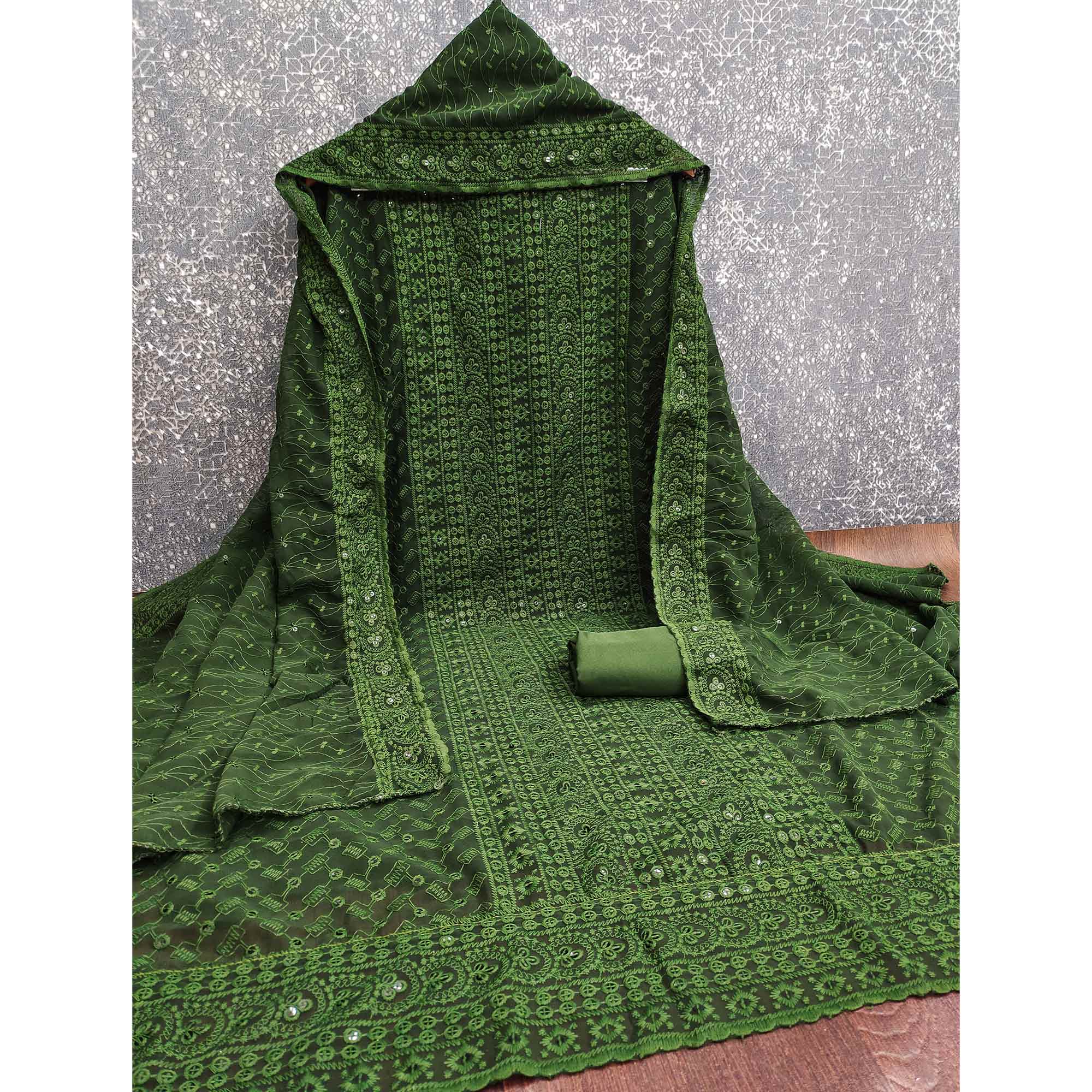 Mehendi Green Georgette Dress Material With Intricate Floral Thread & Sparkling Sequins Work