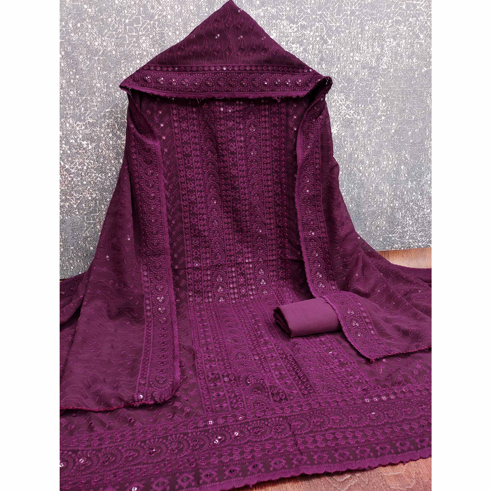 Wine Georgette Dress Material With Intricate Floral Thread & Sparkling Sequins Work