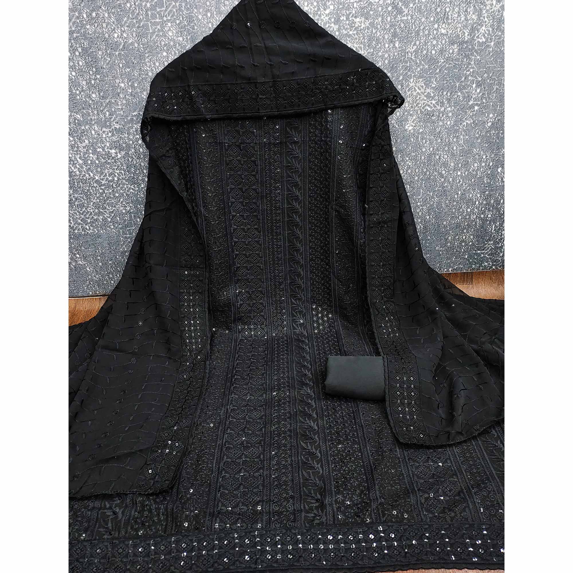 Black Floral Thread Embroidery With Sequins Highlighted Georgette Dress Material