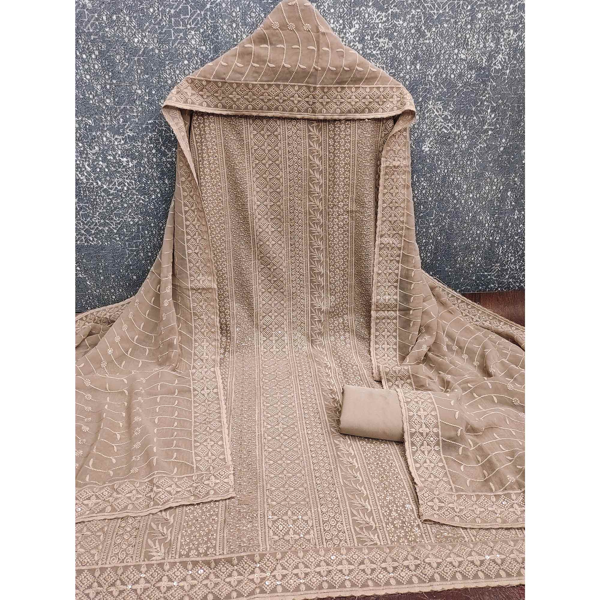 Brown Floral Thread Embroidery With Sequins Highlighted Georgette Dress Material