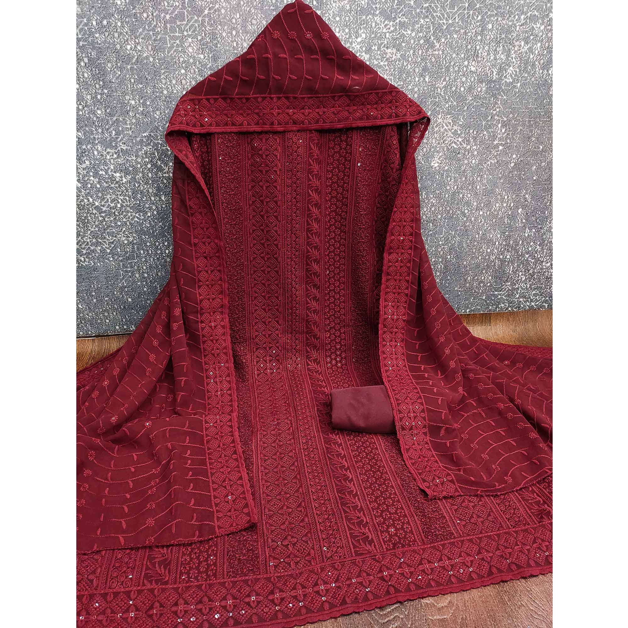 Maroon Floral Thread Embroidery With Sequins Highlighted Georgette Dress Material