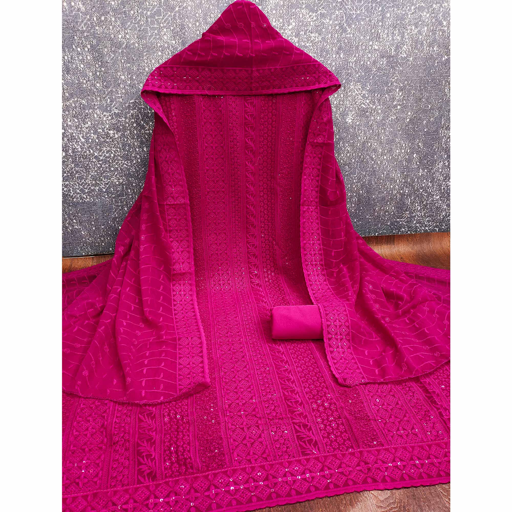 Rani Pink Floral Thread Embroidery With Sequins Highlighted Georgette Dress Material