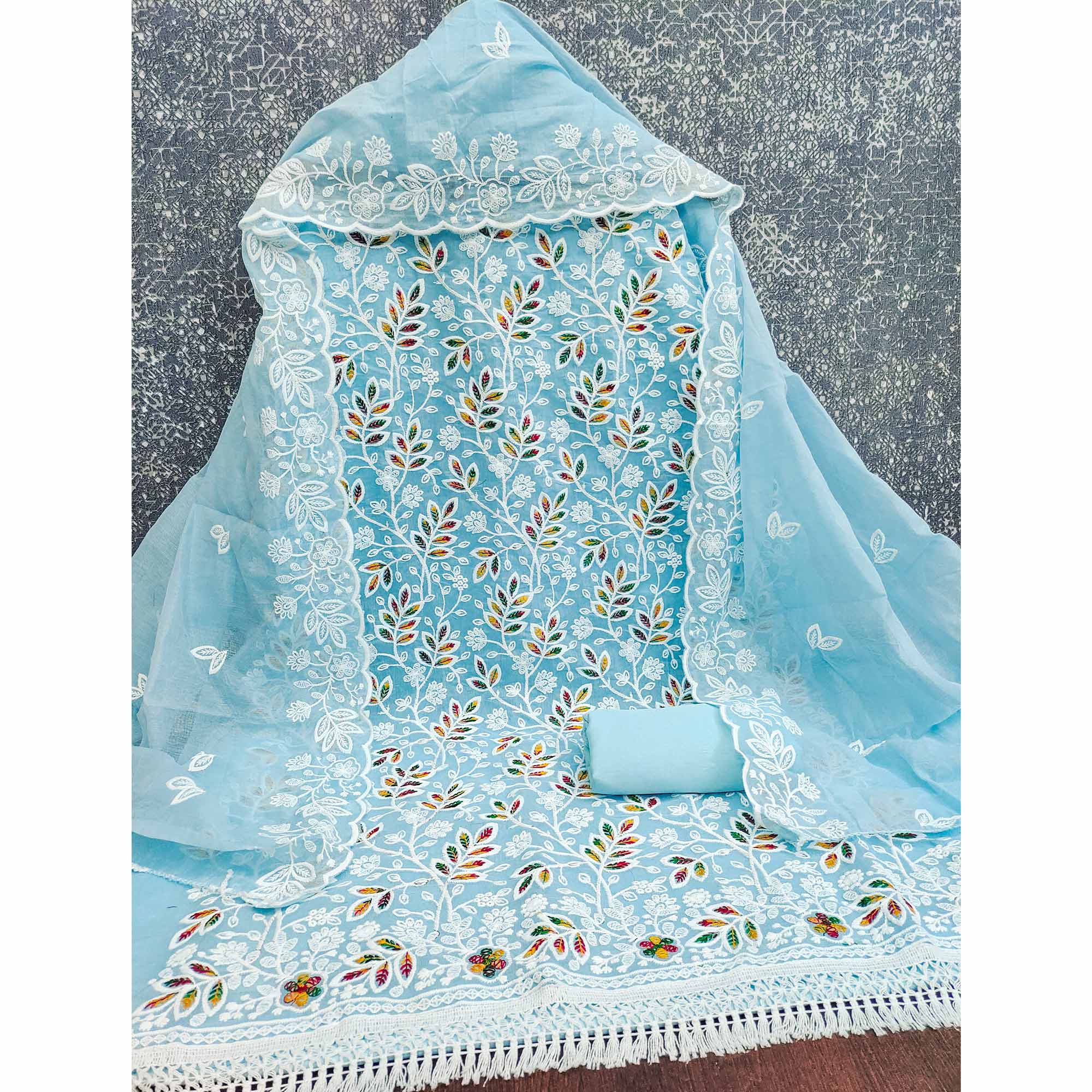 Blue Chanderi Silk Dress Material With Exquisite Floral Thread Embroidery