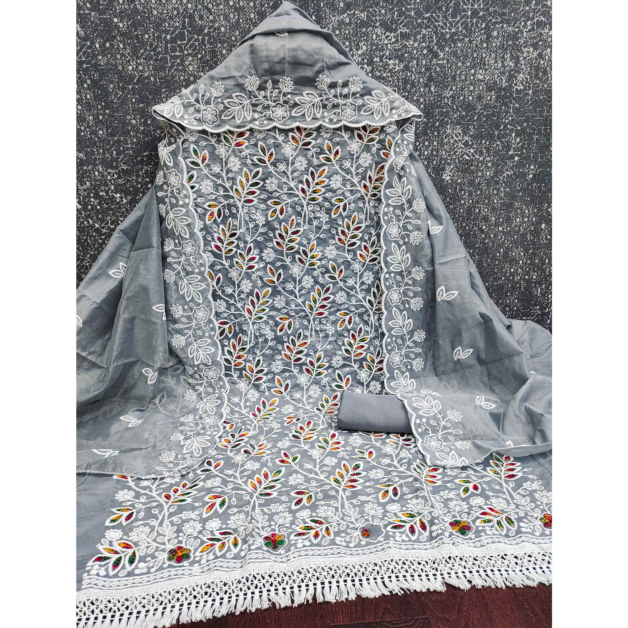 Grey Chanderi Silk Dress Material With Exquisite Floral Thread Embroidery