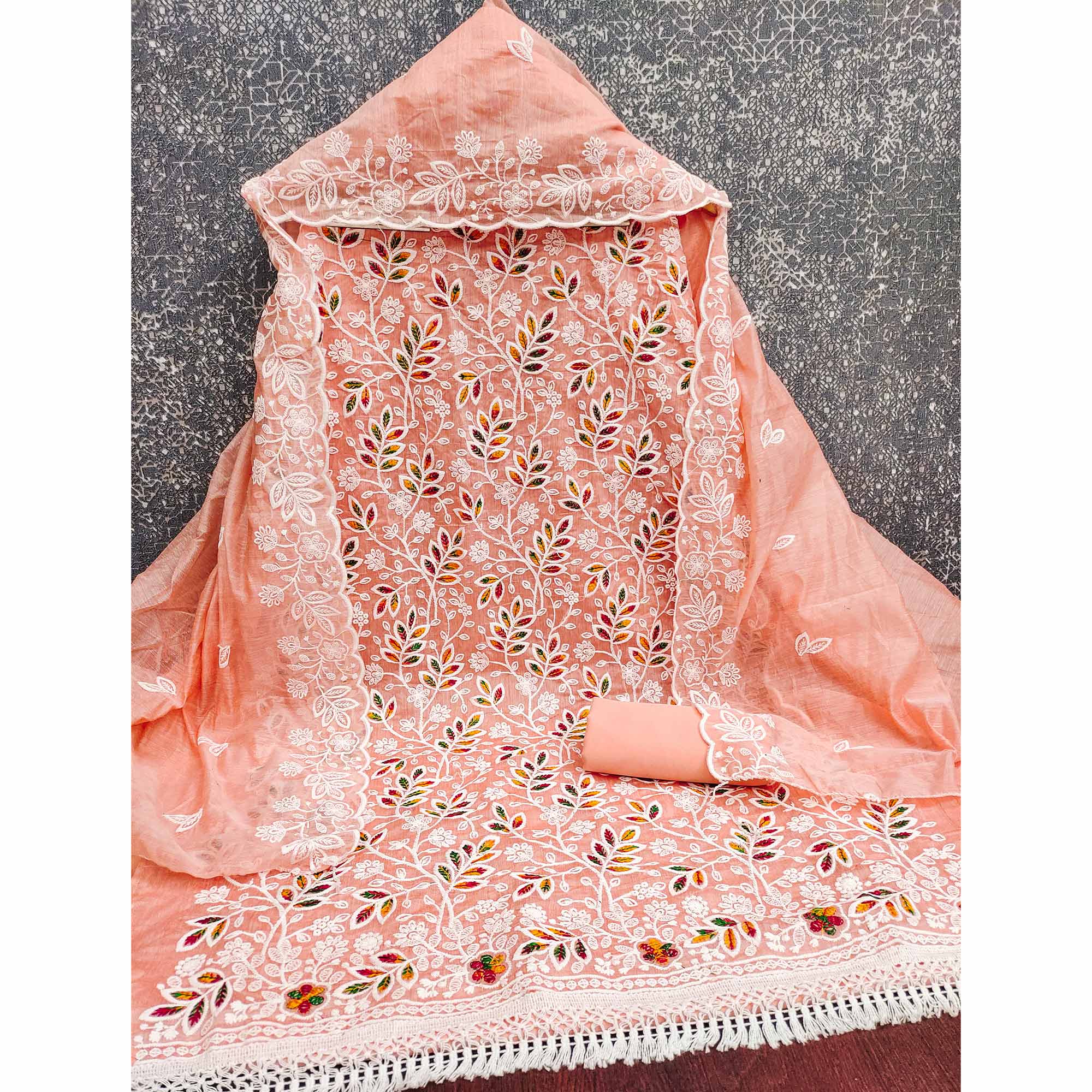 Orange Chanderi Silk Dress Material With Exquisite Floral Thread Embroidery