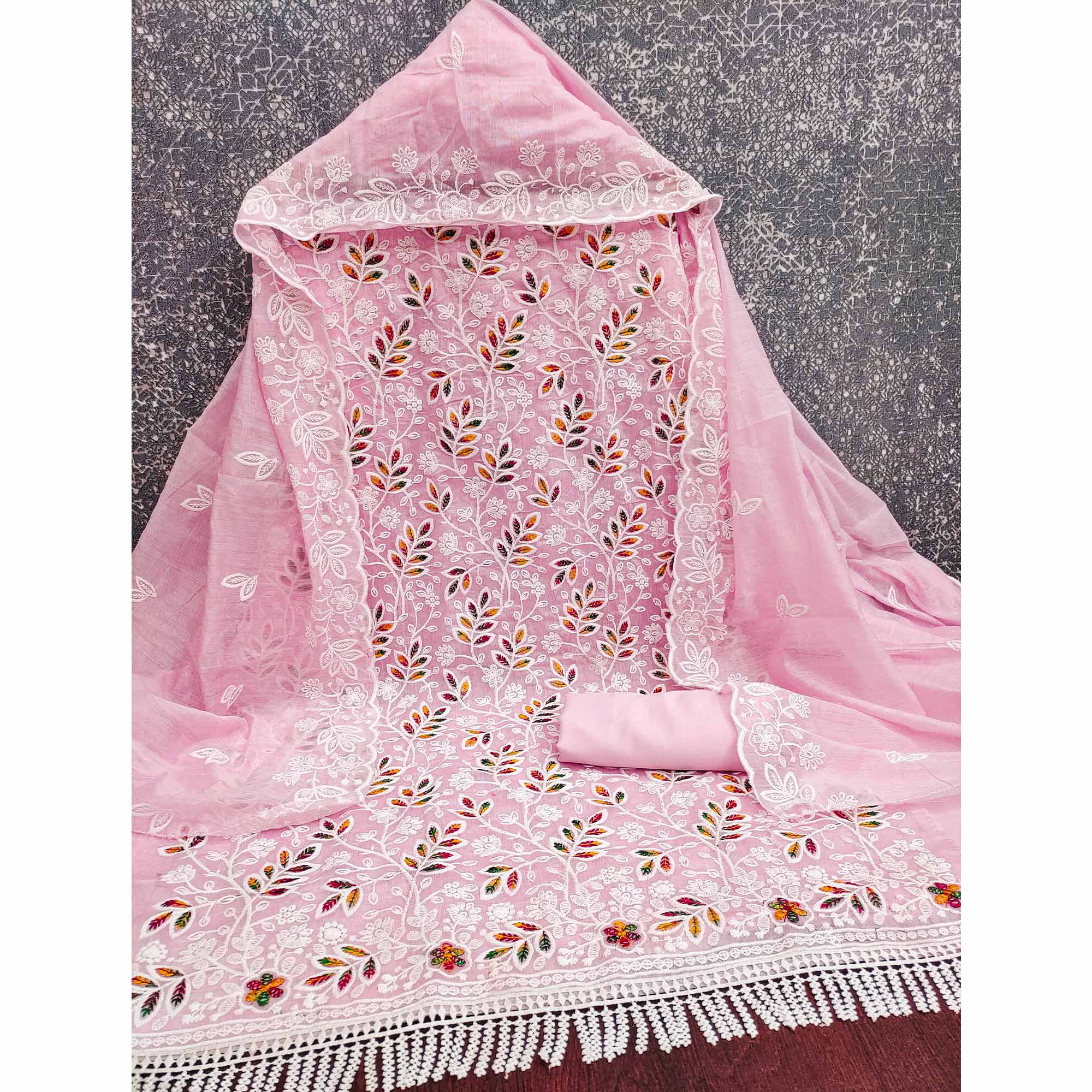 Pink Chanderi Silk Dress Material With Exquisite Floral Thread Embroidery
