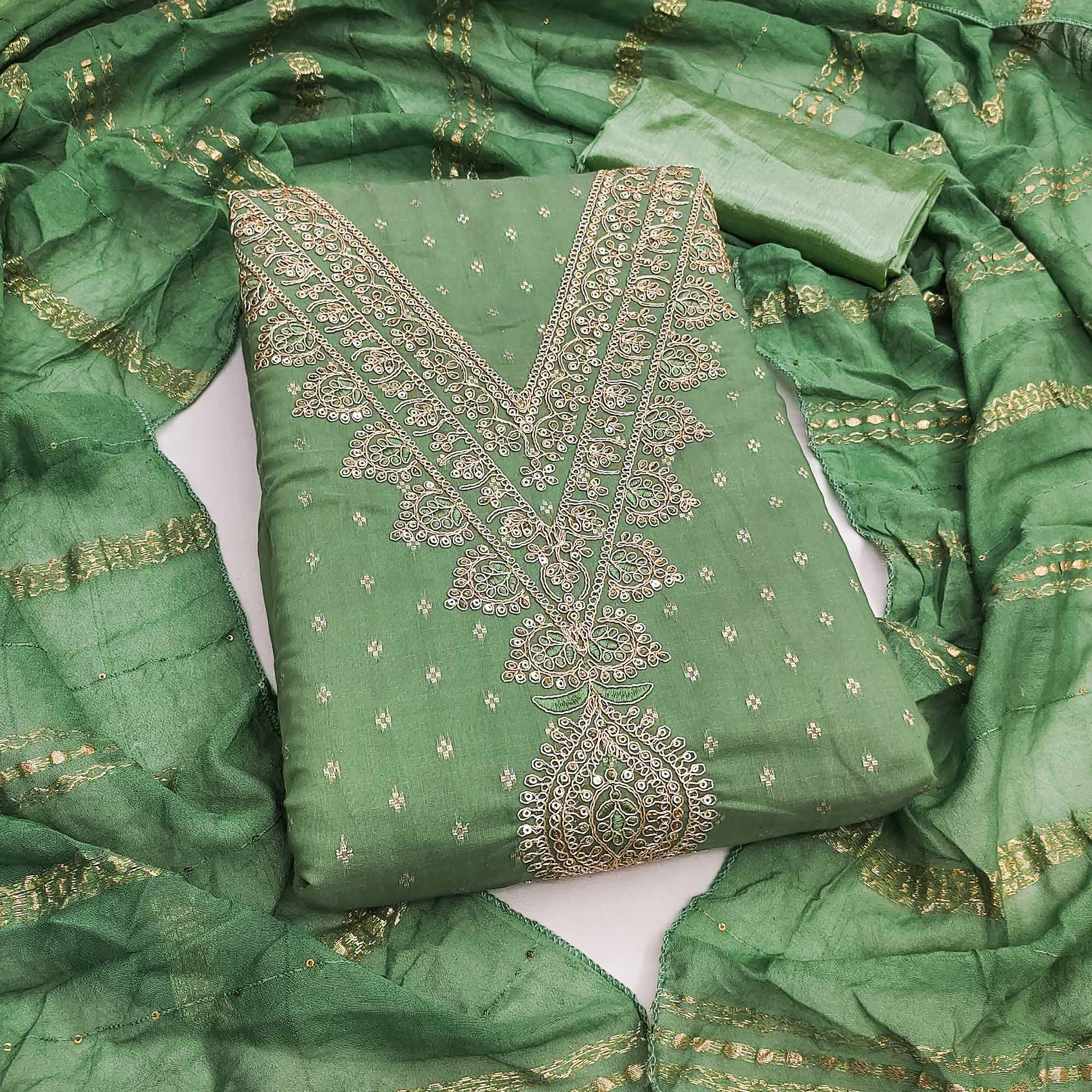 Festive Green Embroidered Dress Material Crafted from Rich Chanderi Silk with Zari Work