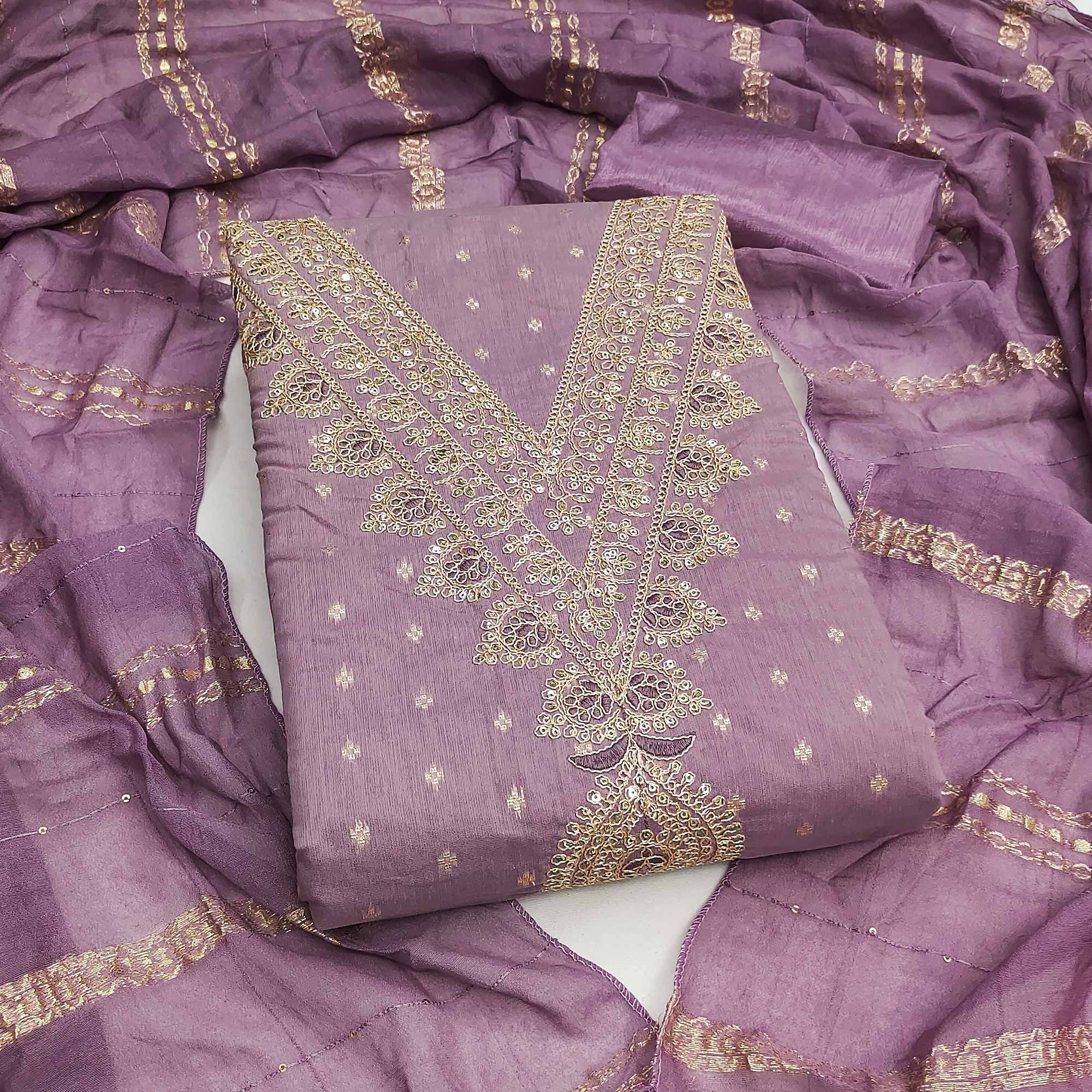 Festive Lavender Embroidered Dress Material Crafted from Rich Chanderi Silk with Zari Work