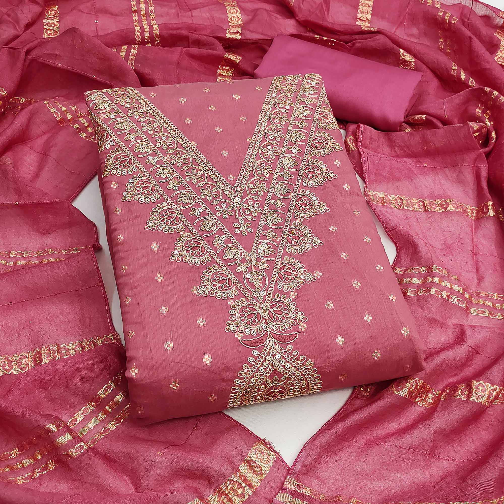 Festive Pink Embroidered Dress Material Crafted from Rich Chanderi Silk with Zari Work