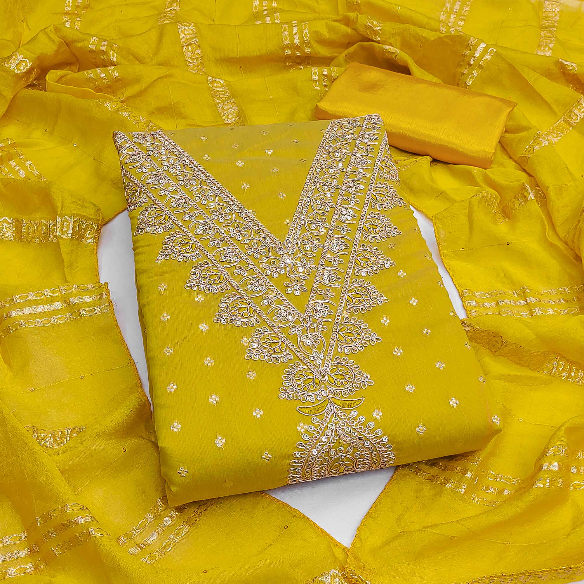 Festive Yellow Embroidered Dress Material Crafted from Rich Chanderi Silk with Zari Work