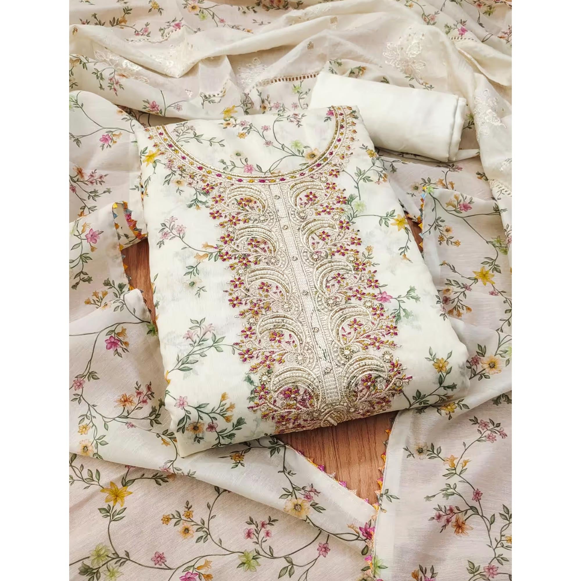 Classic Cream Floral Printed Modal Chanderi Silk Fabric Set Perfect for Festive