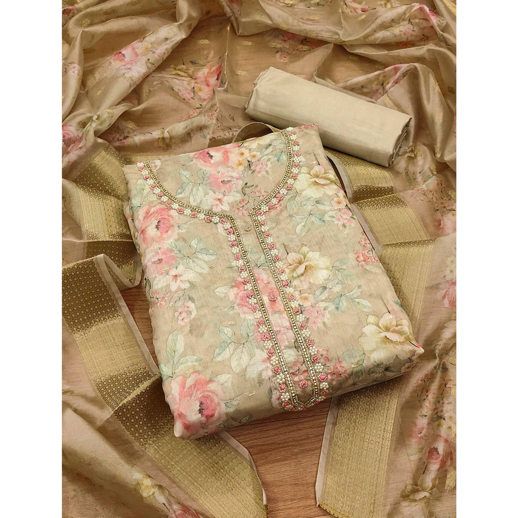 Beige Chanderi Silk Dress Material Showcasing Floral Prints with Subtle Beads Detailing